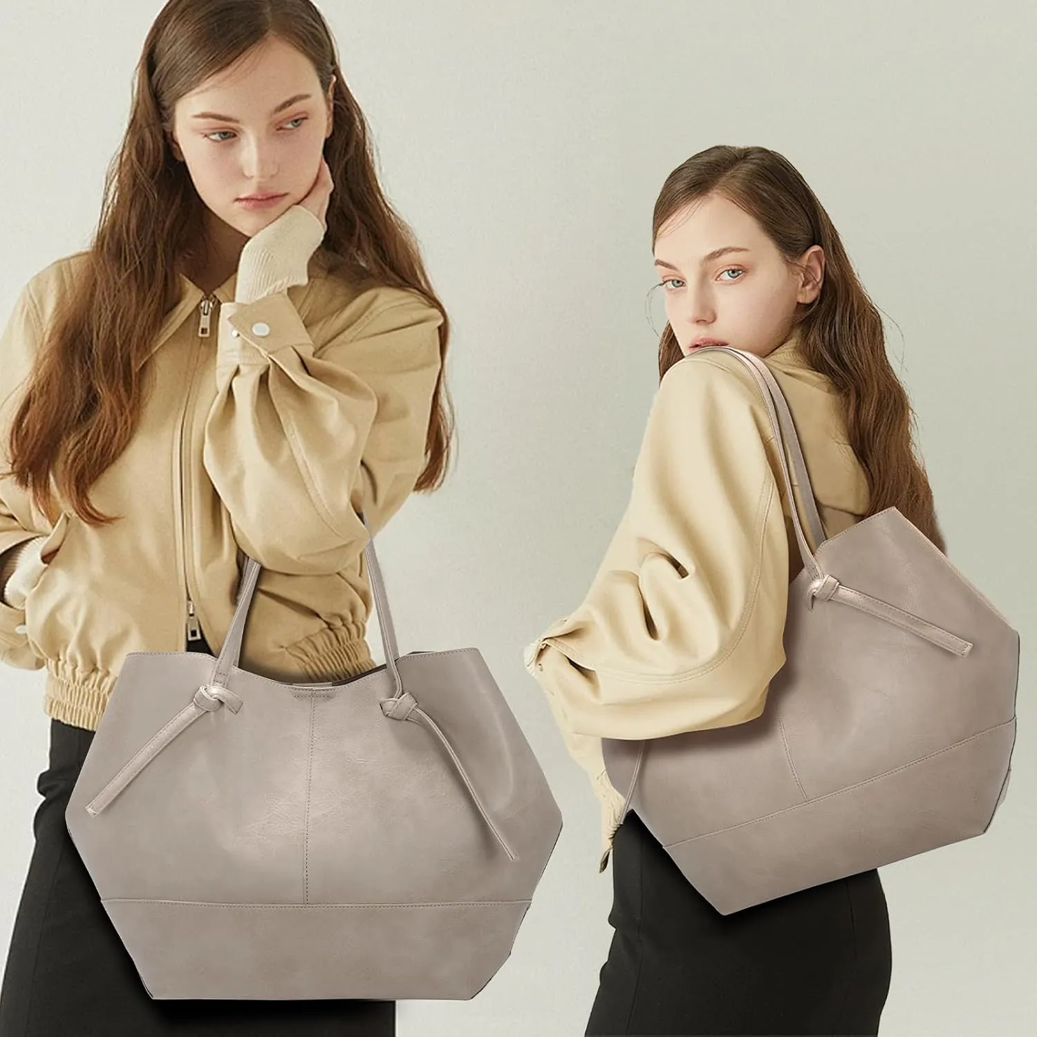 Vegan Leather Large Tote Bags for Women Soft Everyday Shoulder Purses for Work Travel Handbags,with A Makeup Bag
