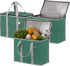 VENO 3 Pack Cooler Bag and Insulated Grocery Bags for Food Delivery, Collapsible Cooler, Reusable Shopping Bags for Groceries with Zipper, Foldable, Heavy-Duty, Stands Upright (Green, 3 Pack)