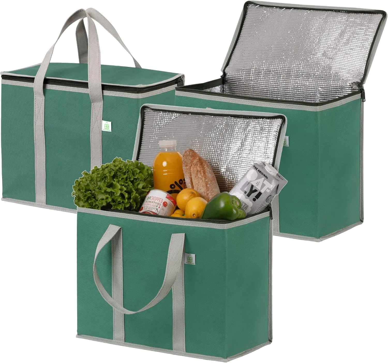 VENO 3 Pack Cooler Bag and Insulated Grocery Bags for Food Delivery, Collapsible Cooler, Reusable Shopping Bags for Groceries with Zipper, Foldable, Heavy-Duty, Stands Upright (Green, 3 Pack)