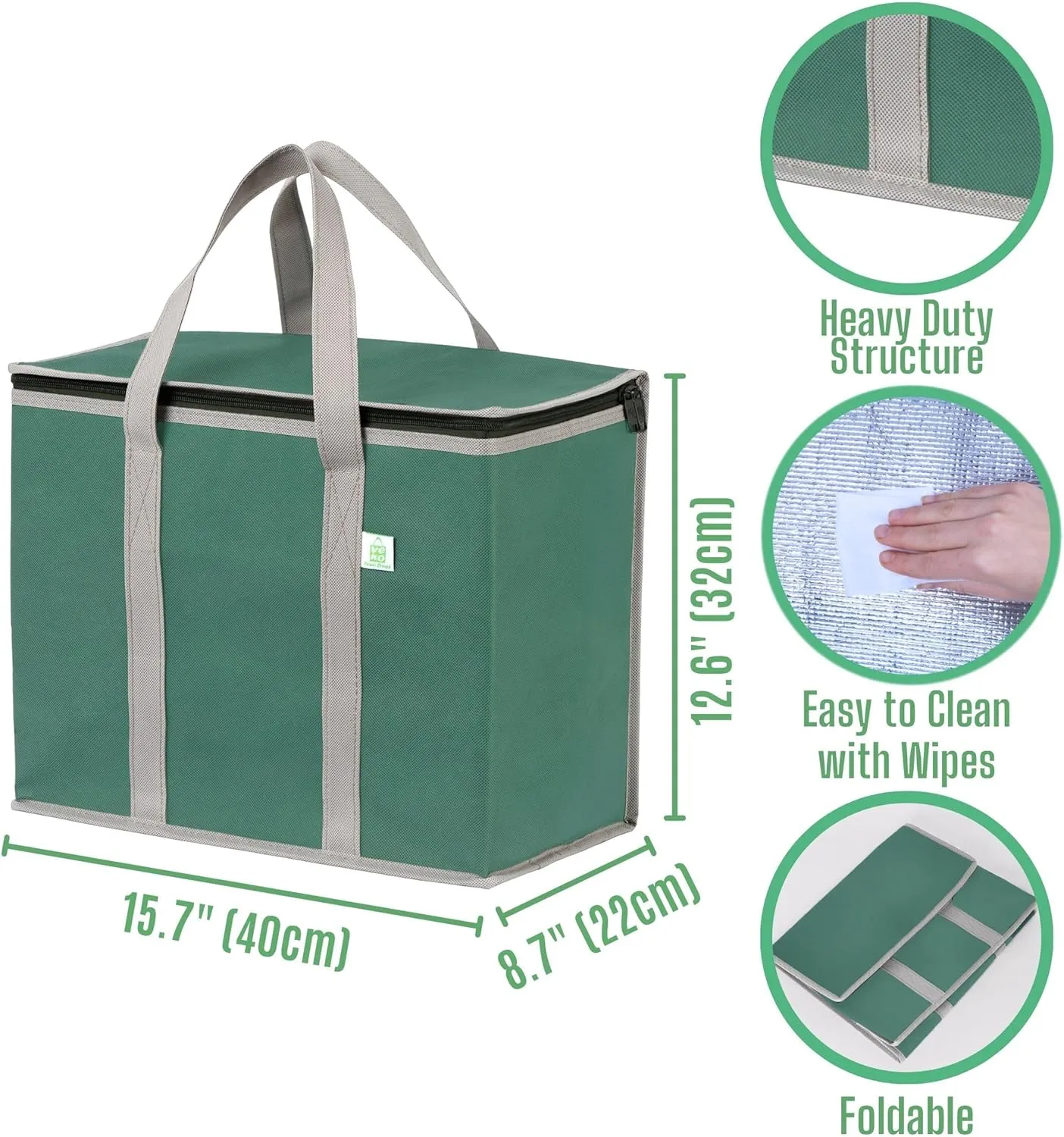 VENO 3 Pack Cooler Bag and Insulated Grocery Bags for Food Delivery, Collapsible Cooler, Reusable Shopping Bags for Groceries with Zipper, Foldable, Heavy-Duty, Stands Upright (Green, 3 Pack)