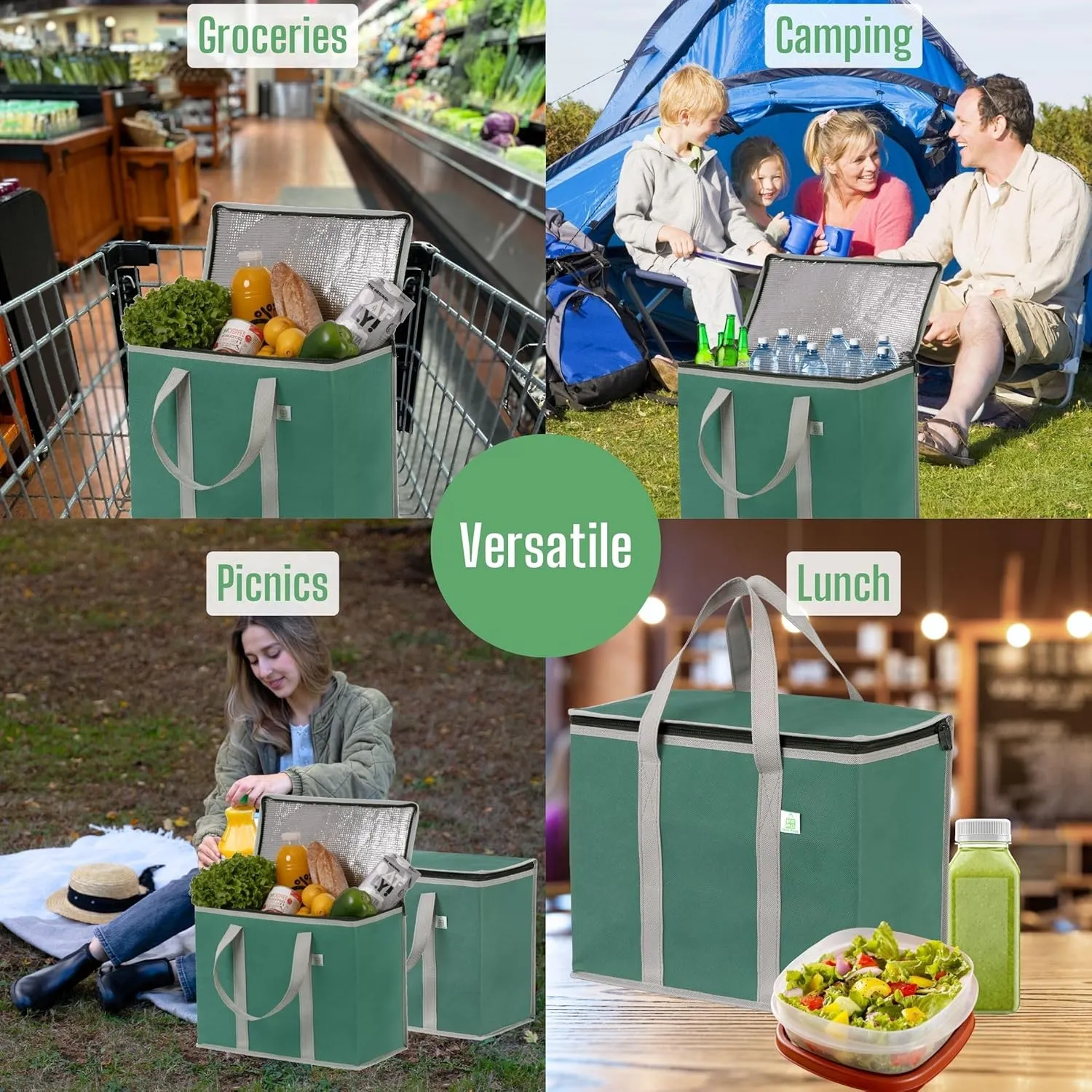 VENO 3 Pack Cooler Bag and Insulated Grocery Bags for Food Delivery, Collapsible Cooler, Reusable Shopping Bags for Groceries with Zipper, Foldable, Heavy-Duty, Stands Upright (Green, 3 Pack)