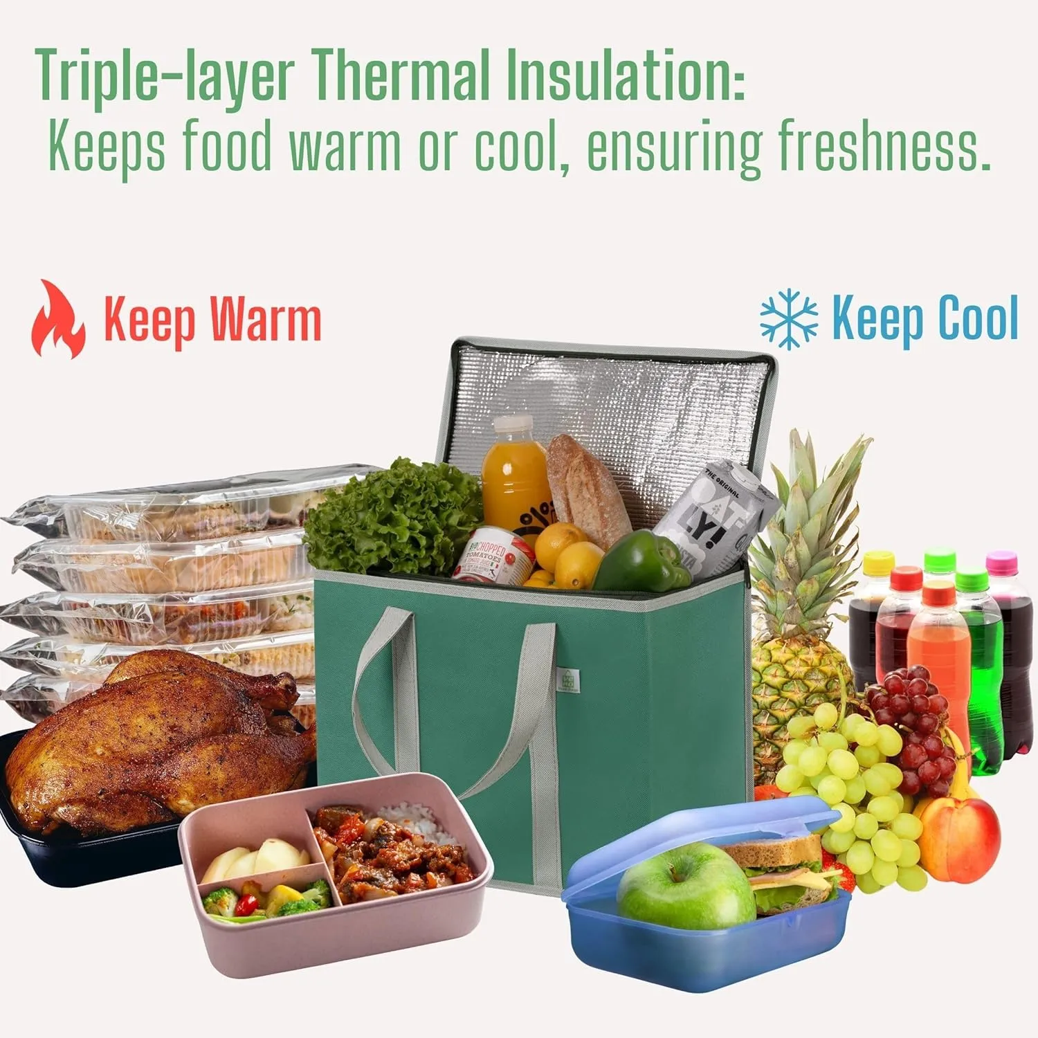 VENO 3 Pack Cooler Bag and Insulated Grocery Bags for Food Delivery, Collapsible Cooler, Reusable Shopping Bags for Groceries with Zipper, Foldable, Heavy-Duty, Stands Upright (Green, 3 Pack)