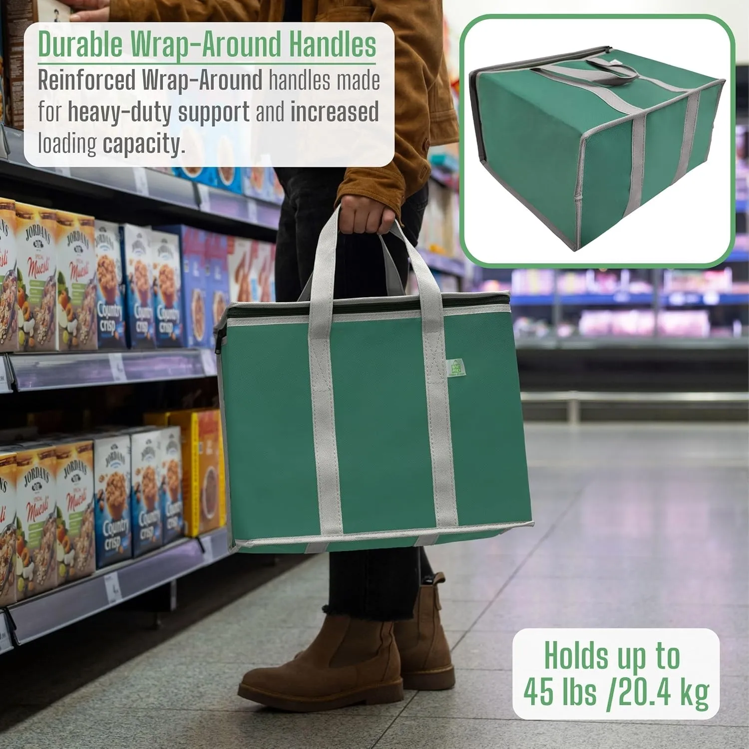 VENO 3 Pack Cooler Bag and Insulated Grocery Bags for Food Delivery, Collapsible Cooler, Reusable Shopping Bags for Groceries with Zipper, Foldable, Heavy-Duty, Stands Upright (Green, 3 Pack)
