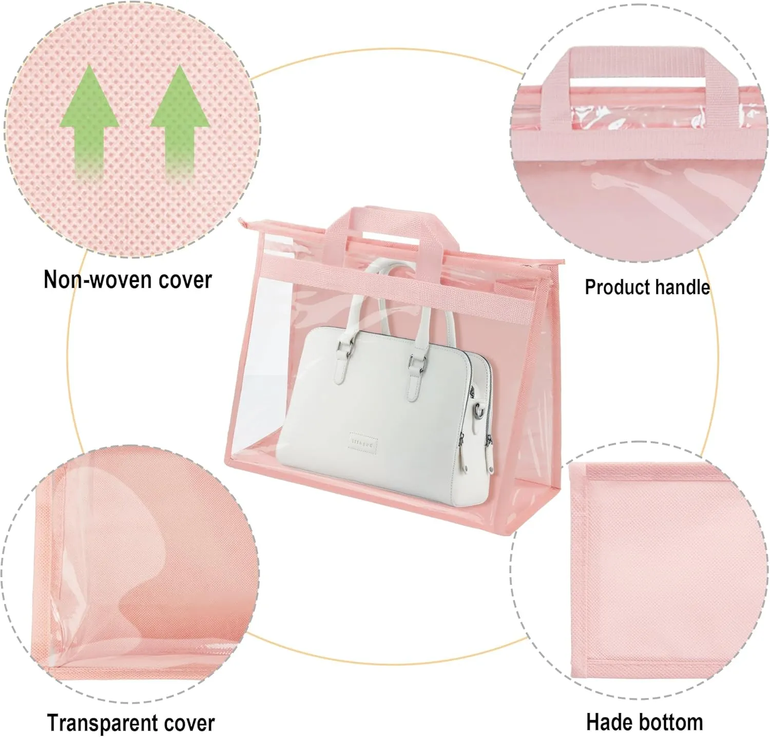 Vercord Clear PVC Handbag Dust-Free Cover Moistureproof Purse Storage Bag Organizer with Handle Zipper Space-Save Holder for Closet Pink XXL 3Pcs