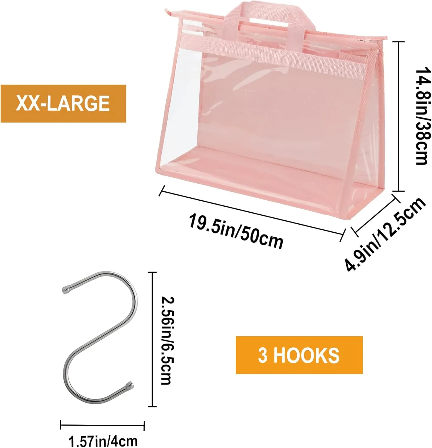Vercord Clear PVC Handbag Dust-Free Cover Moistureproof Purse Storage Bag Organizer with Handle Zipper Space-Save Holder for Closet Pink XXL 3Pcs