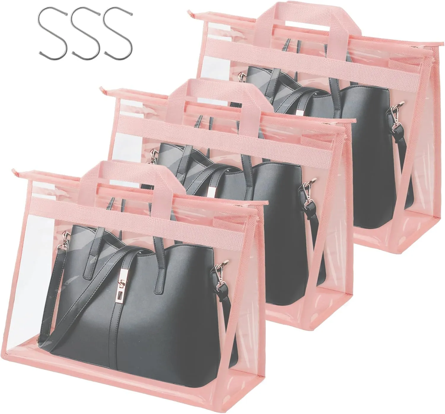 Vercord Clear PVC Handbag Dust-Free Cover Moistureproof Purse Storage Bag Organizer with Handle Zipper Space-Save Holder for Closet Pink XXL 3Pcs
