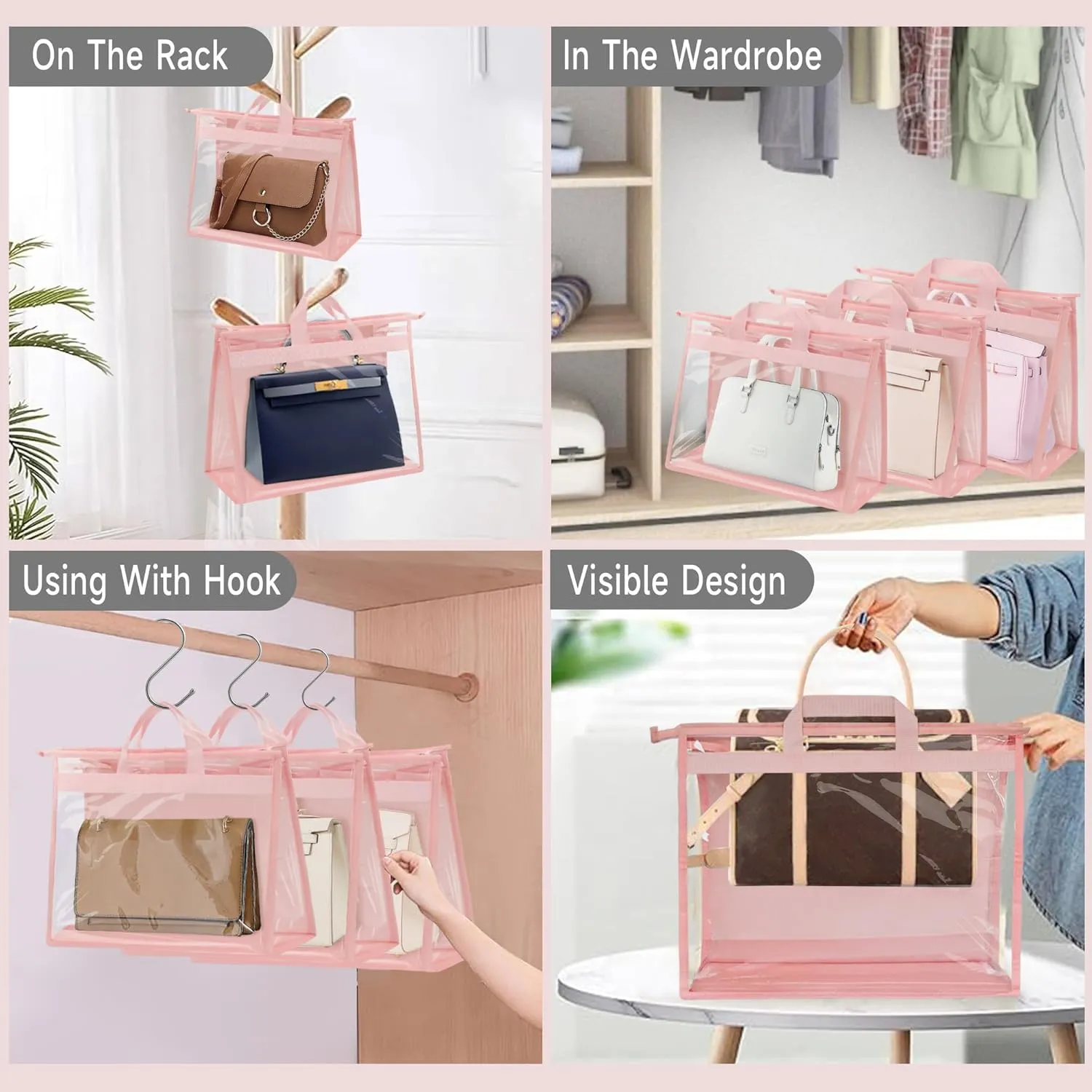 Vercord Clear PVC Handbag Dust-Free Cover Moistureproof Purse Storage Bag Organizer with Handle Zipper Space-Save Holder for Closet Pink XXL 3Pcs