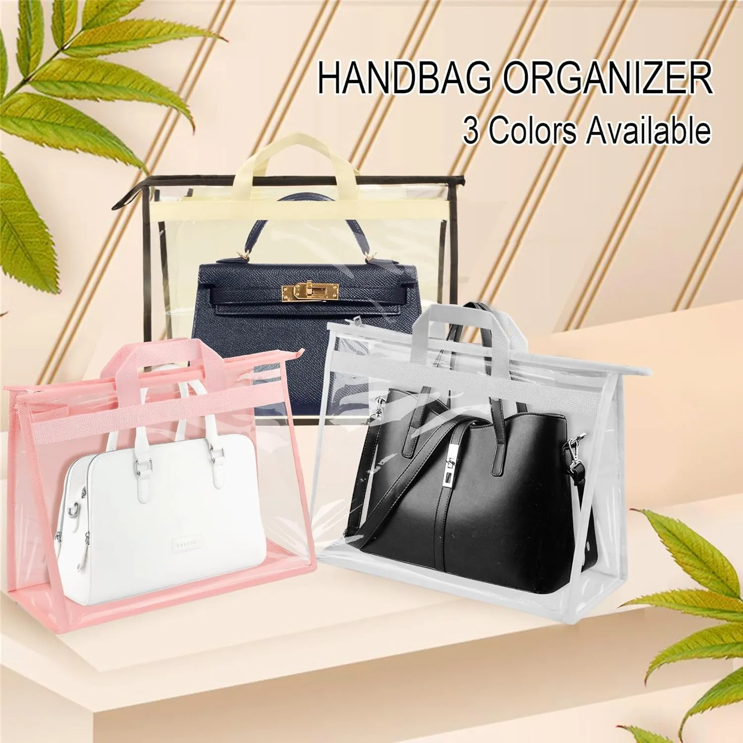 Vercord Clear PVC Handbag Dust-Free Cover Moistureproof Purse Storage Bag Organizer with Handle Zipper Space-Save Holder for Closet Pink XXL 3Pcs