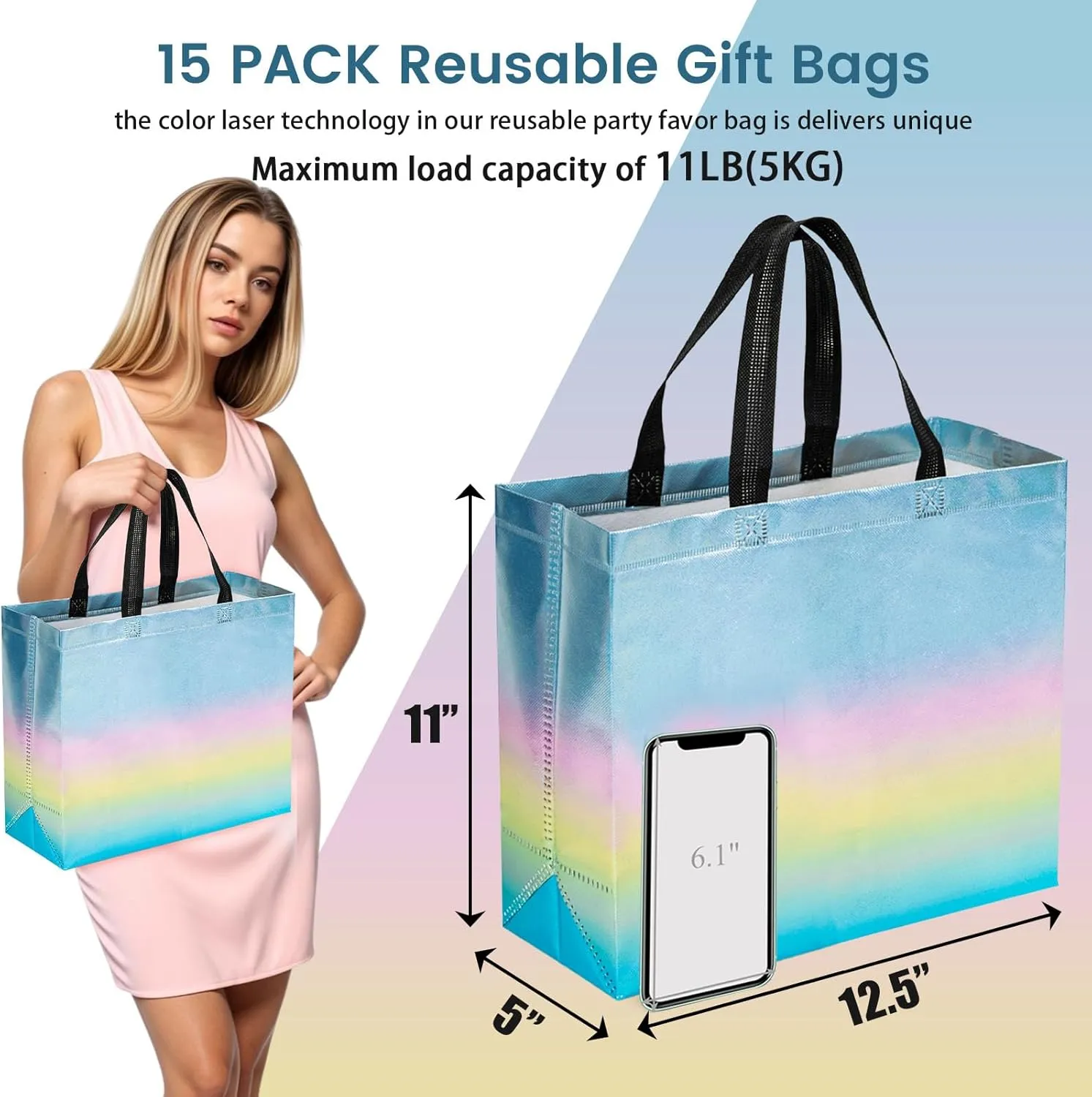 VGOODALL 15 Pack Large Gift Bags with Handles, 12.6" x 5" x 11" Iridescent Reusable Gift Bags Bulk for Birthday Wedding Party Favor