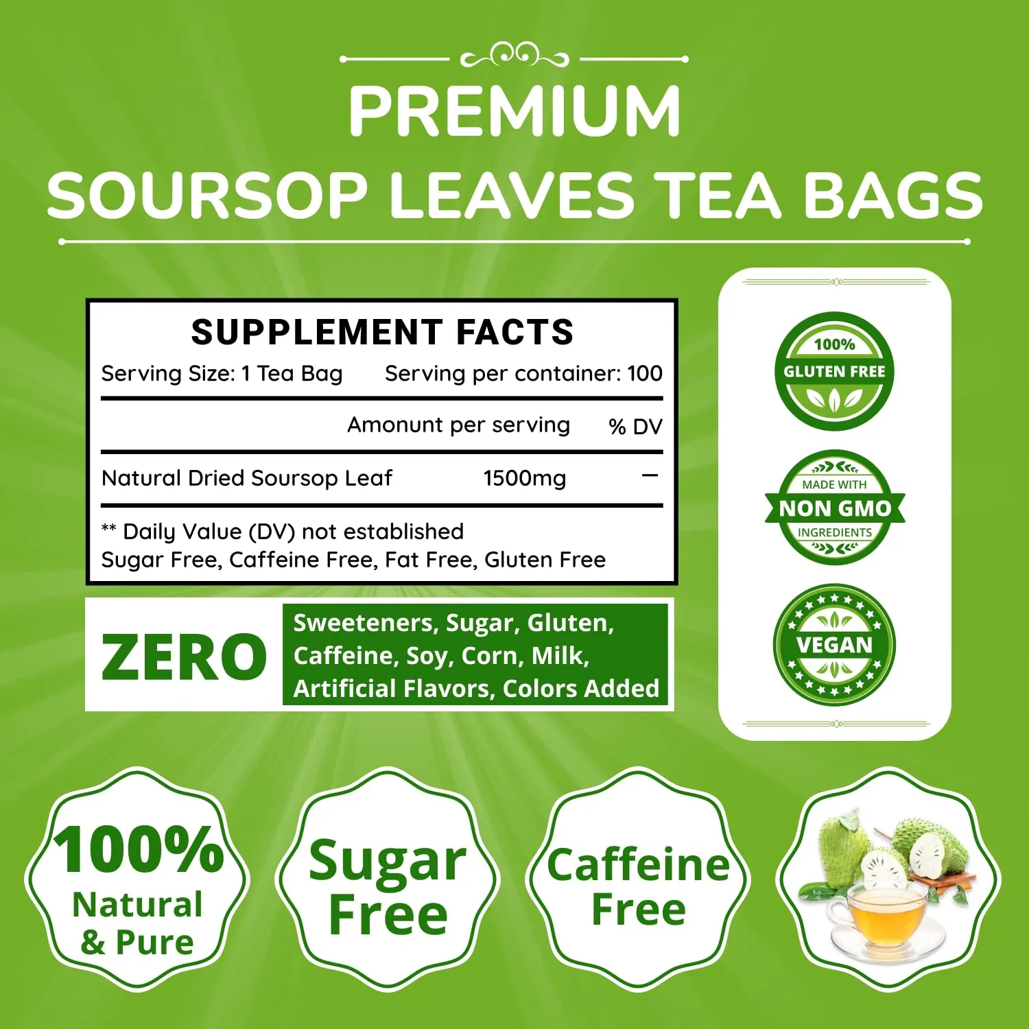 VIDA FARM 100 Soursop Tea Bags, 100% Natural Pure Soursop Graviola Leaves Tea Bags, Pleasant Taste, Natural Flavor, Caffeine Free, Guanabana Leaves Dried Soursop Leaves Guyabano Tea