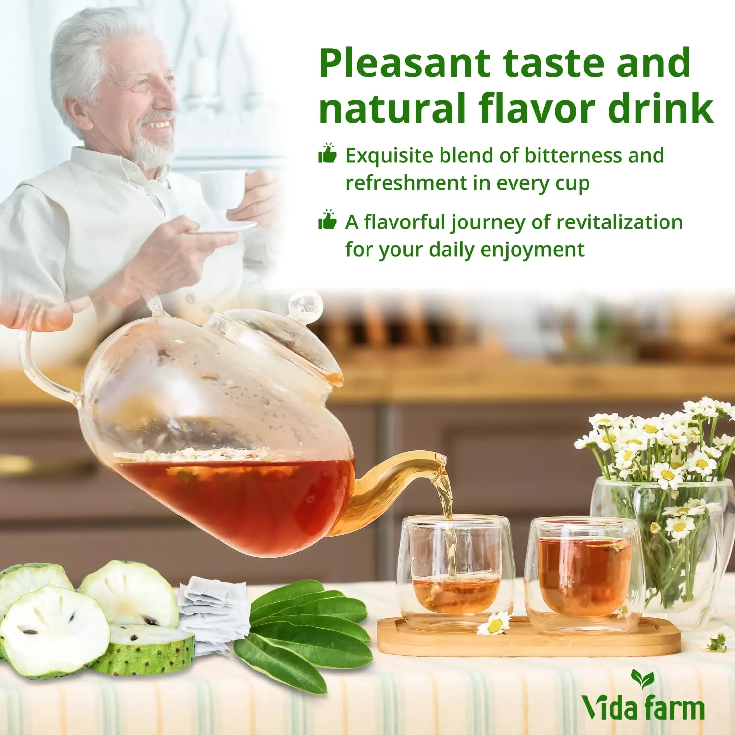 VIDA FARM 100 Soursop Tea Bags, 100% Natural Pure Soursop Graviola Leaves Tea Bags, Pleasant Taste, Natural Flavor, Caffeine Free, Guanabana Leaves Dried Soursop Leaves Guyabano Tea