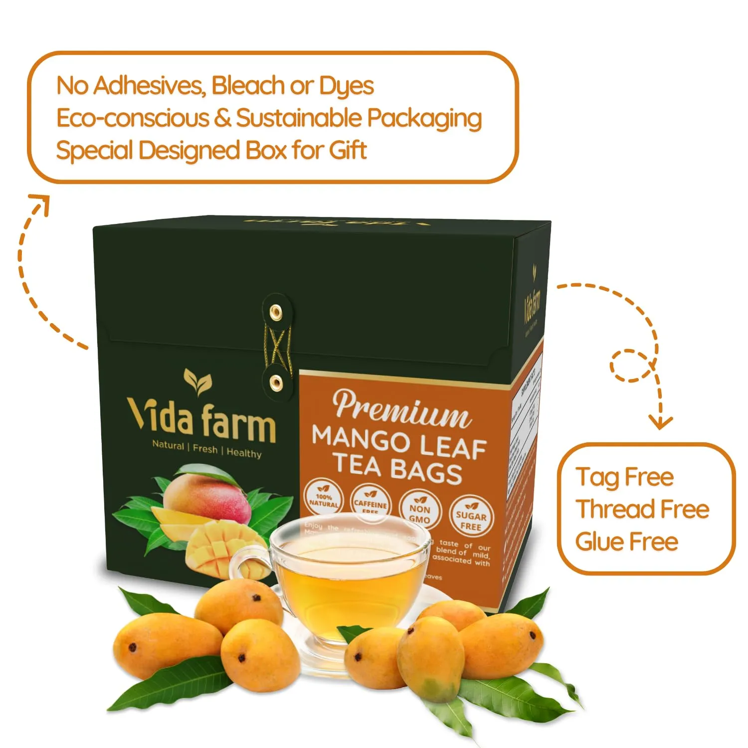 VIDA FARM 125 Mango Tea Bags, 100% Natural Mango Leaf Tea Bags, Dried Mango Leaves Herbal Tea Bags, Mango Leaves Tea, No Sugar, No Caffeine, Vegan