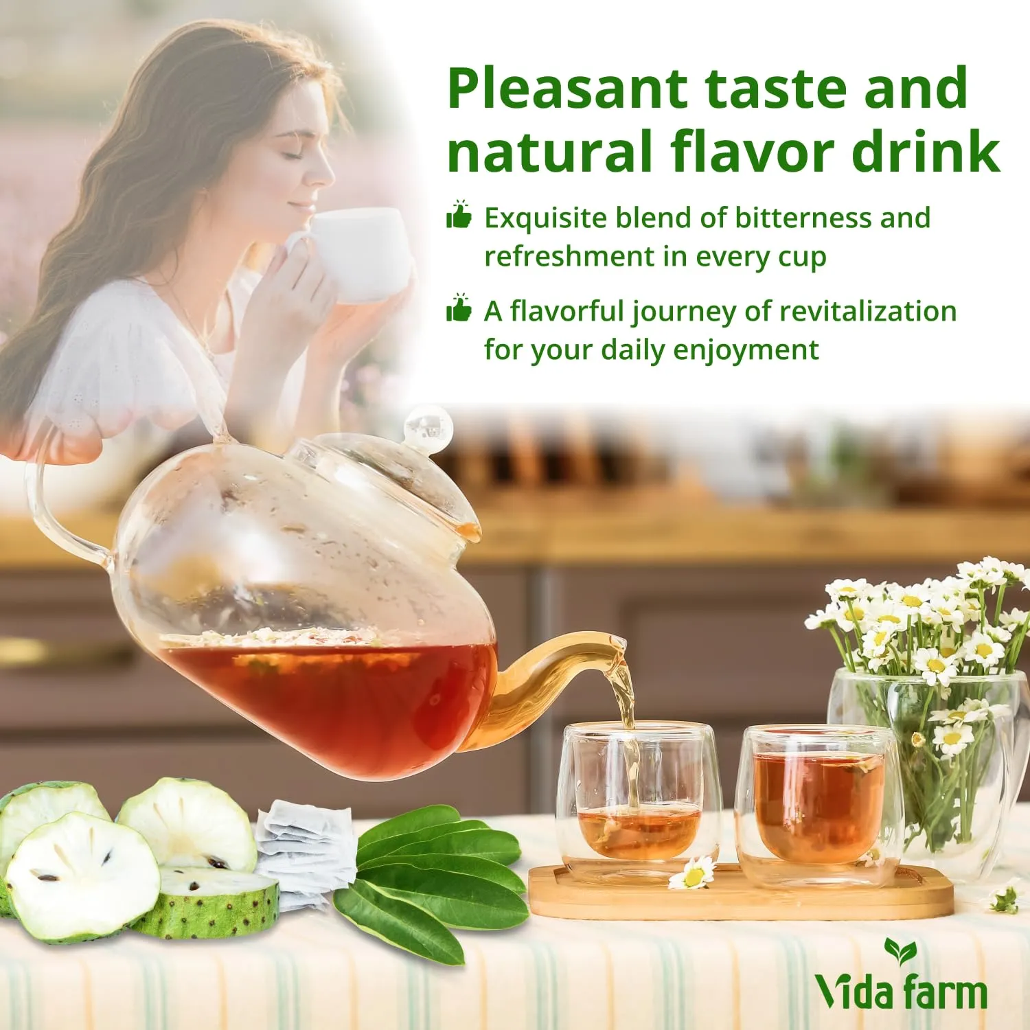 VIDA FARM 65 Soursop Tea Bags, 100% Natural Pure Sousop Leaves Tea Bags, Pleasant Taste Natural Flavor Caffeine Free, Dried Soursop Leaves Tea