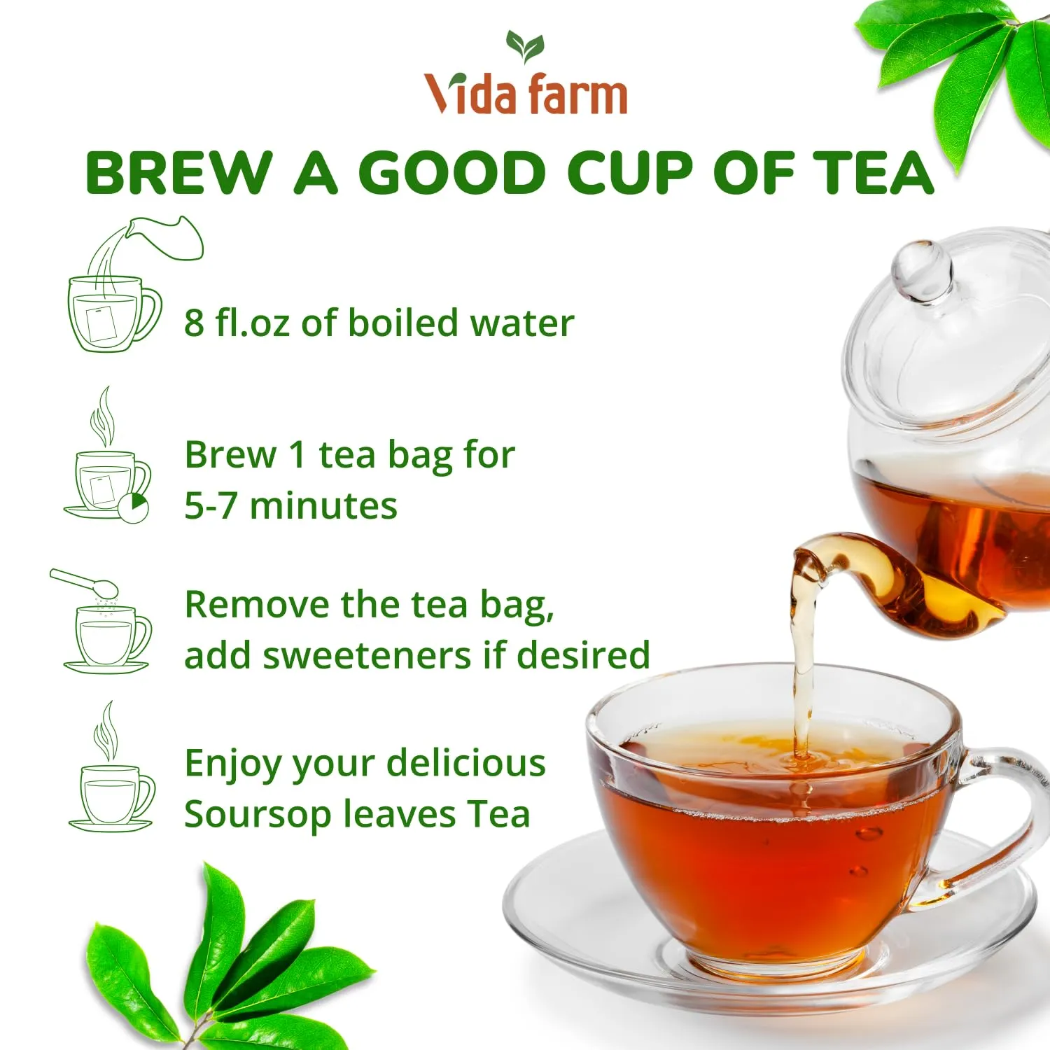 VIDA FARM 65 Soursop Tea Bags, 100% Natural Pure Sousop Leaves Tea Bags, Pleasant Taste Natural Flavor Caffeine Free, Dried Soursop Leaves Tea