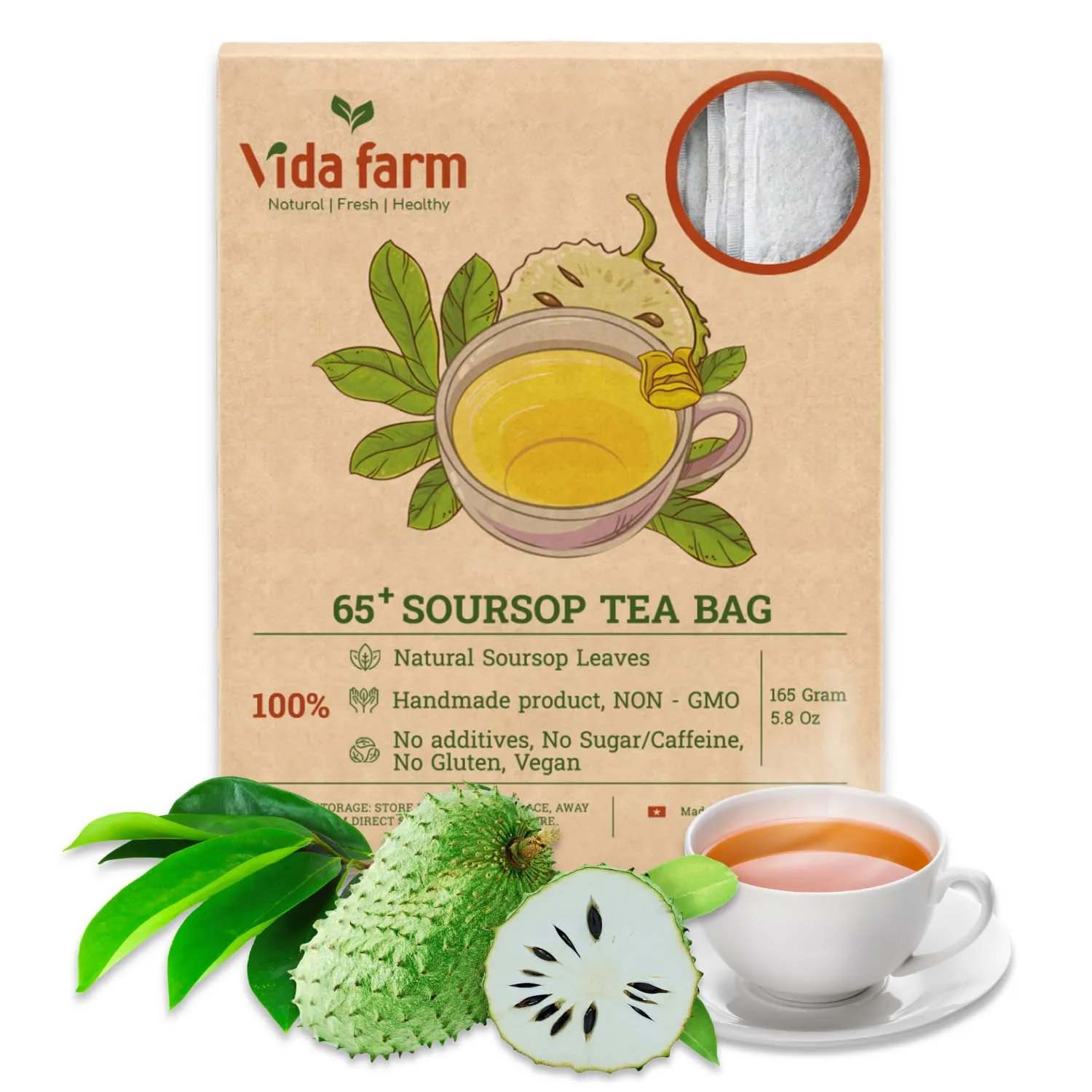 VIDA FARM 65 Soursop Tea Bags, 100% Natural Pure Sousop Leaves Tea Bags, Pleasant Taste Natural Flavor Caffeine Free, Dried Soursop Leaves Tea