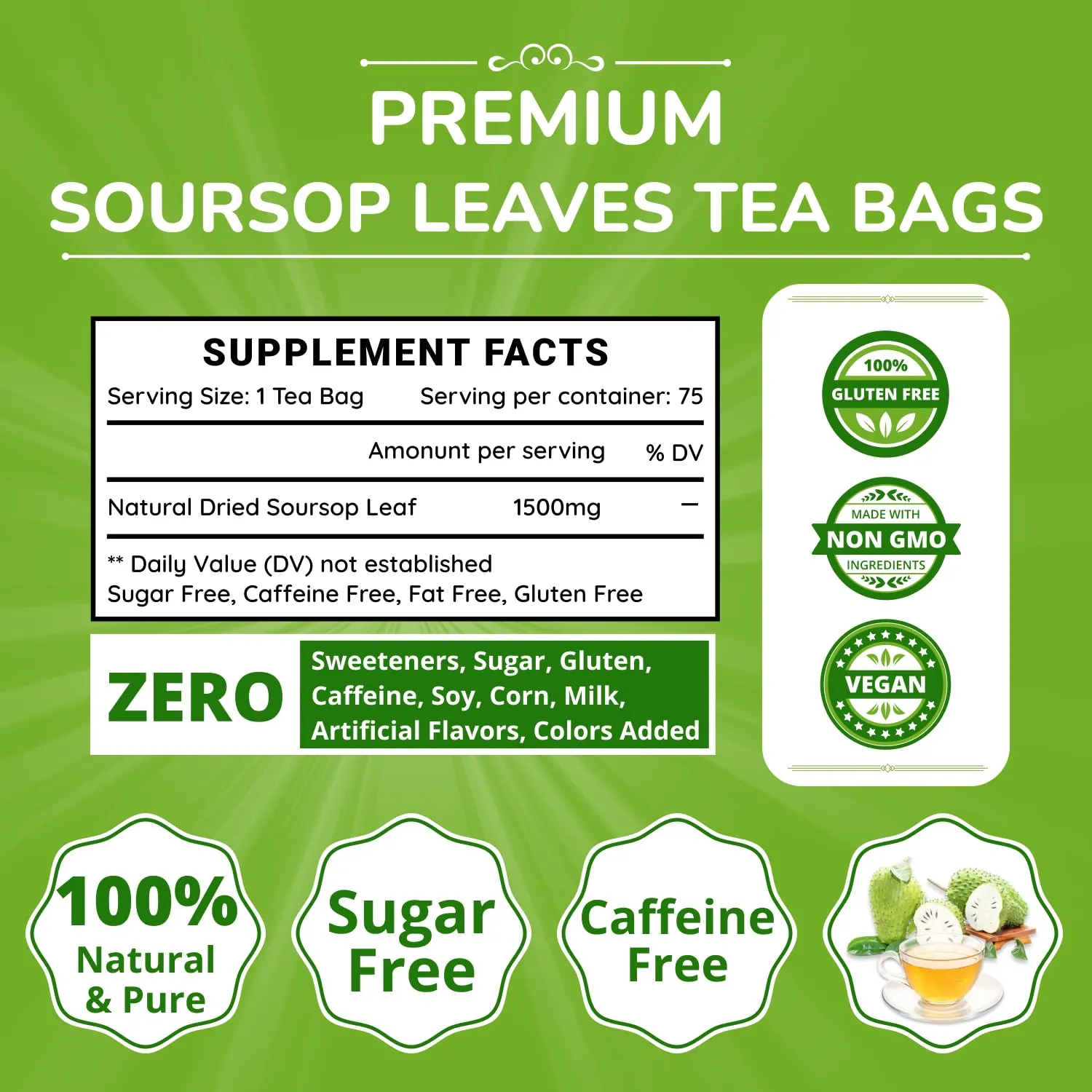 VIDA FARM 75 Soursop Tea Bags, 100% Natural Pure Soursop Leaves Tea Bags, Pleasant Taste, Natural Flavor Caffeine Free, Soursop Leaves Dried Soursop Leaves Tea, Guanabana Leaves Tea