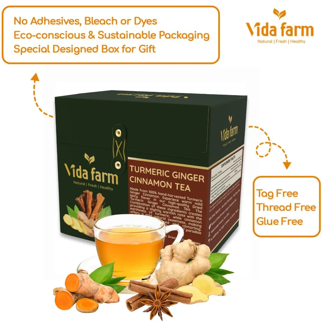 VIDA FARM 75 Turmeric Ginger Cinnamon Tea Bags, Turmeric Ginger Tea Bags, Natural Ginger Cinnamon Turmeric Tea, Ginger Cinnamon Turmeric Herbal Tea, Sugar Free, Caffeine Free, Gluten Free