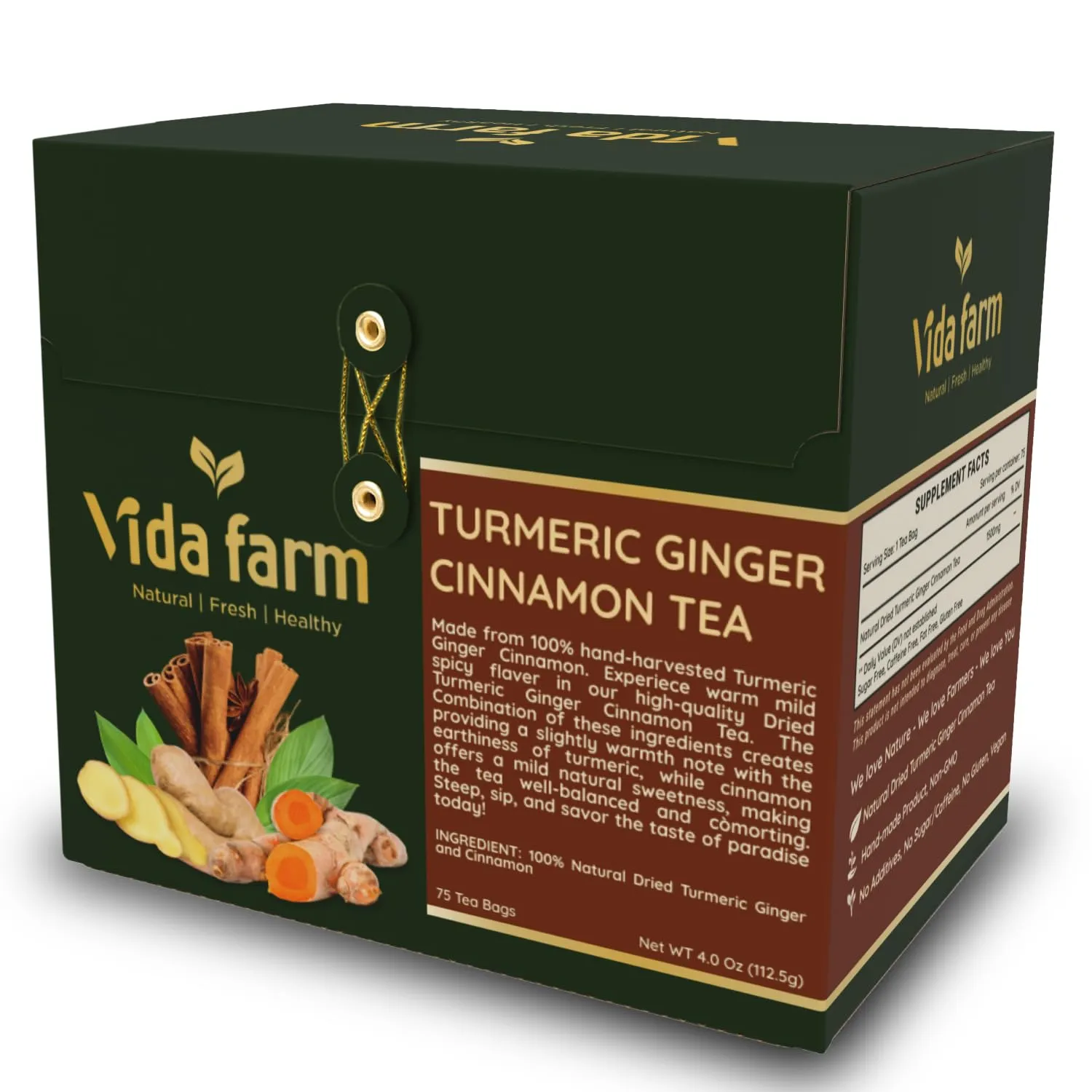 VIDA FARM 75 Turmeric Ginger Cinnamon Tea Bags, Turmeric Ginger Tea Bags, Natural Ginger Cinnamon Turmeric Tea, Ginger Cinnamon Turmeric Herbal Tea, Sugar Free, Caffeine Free, Gluten Free