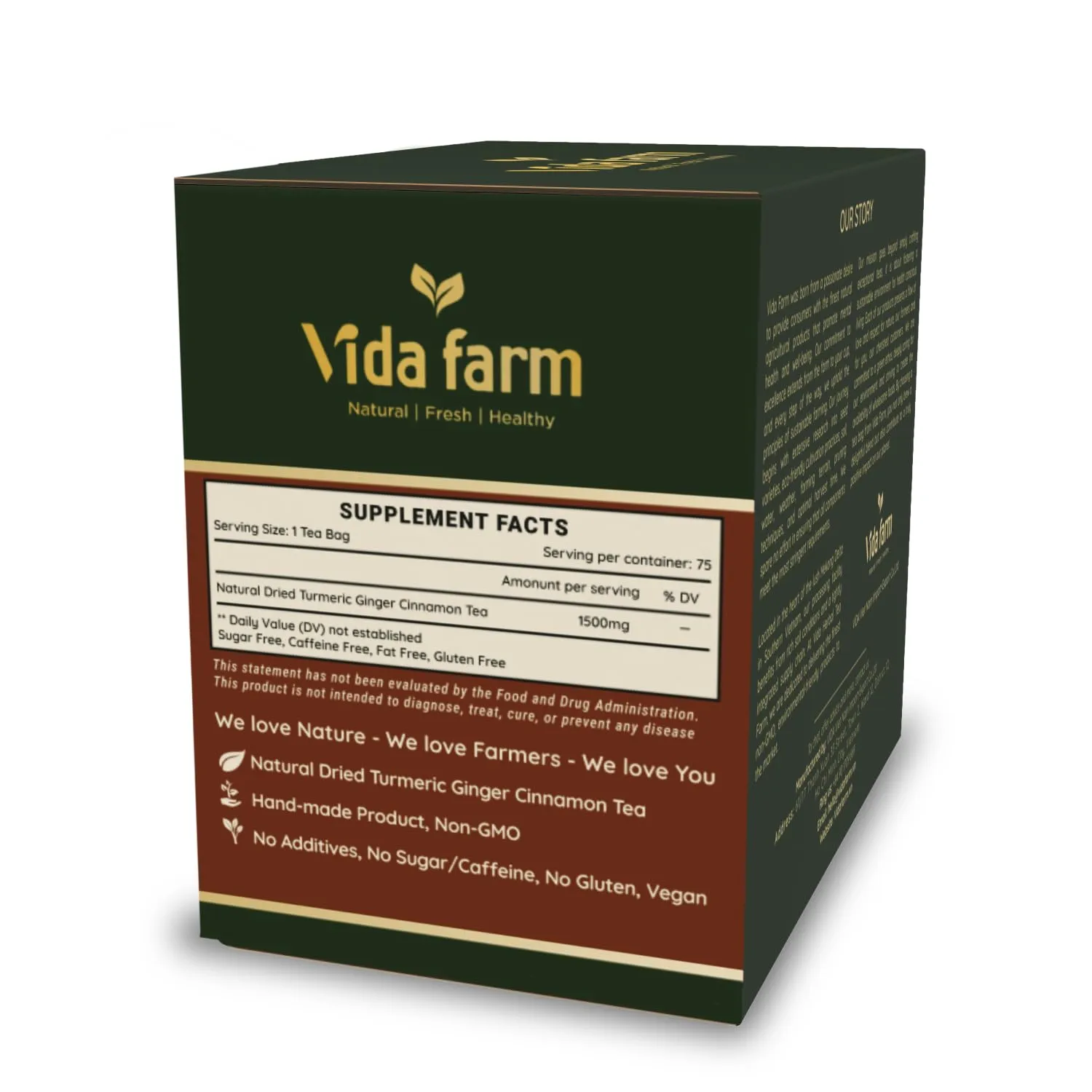 VIDA FARM 75 Turmeric Ginger Cinnamon Tea Bags, Turmeric Ginger Tea Bags, Natural Ginger Cinnamon Turmeric Tea, Ginger Cinnamon Turmeric Herbal Tea, Sugar Free, Caffeine Free, Gluten Free