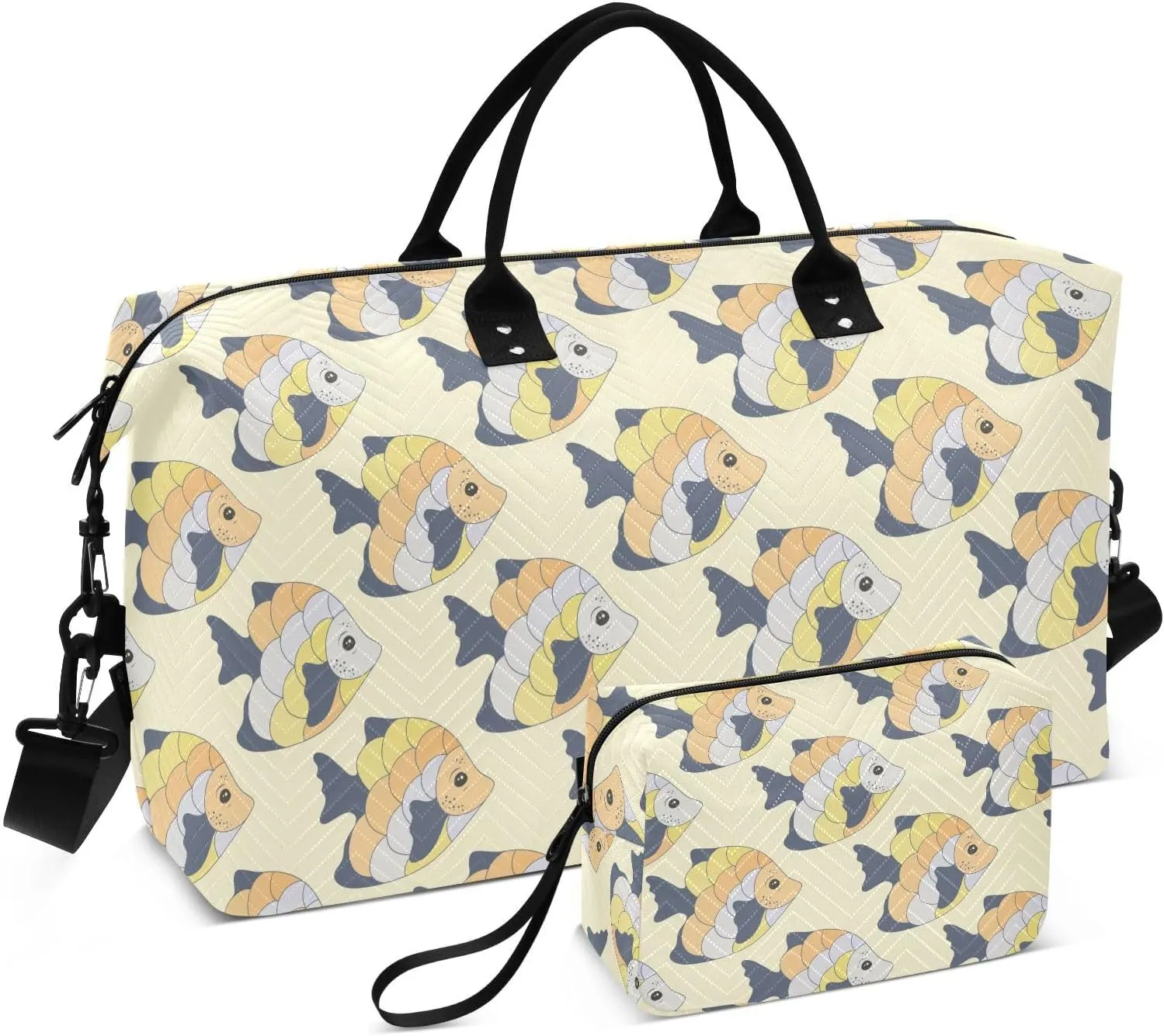 VIGTRO Travel Duffel Bag Weekender Overnight Bag with Toiletry Bag Exotic Coral Reef Fish Printed, Carry On Luggage Bag for Hospital Gym Travel Business, 2 Pcs Set