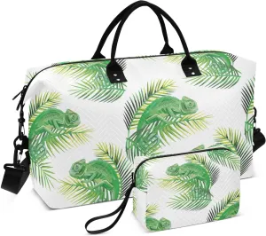 VIGTRO Travel Duffel Bag Weekender Overnight Bag with Toiletry Bag Exotic Lizard Chameleon Printed, Carry On Luggage Bag for Hospital Gym Travel Business, 2 Pcs Set