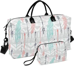 VIGTRO Travel Duffel Bag Weekender Overnight Bag with Toiletry Bag Feather Arrows Colorful Printed, Carry On Luggage Bag for Hospital Gym Travel Business, 2 Pcs Set