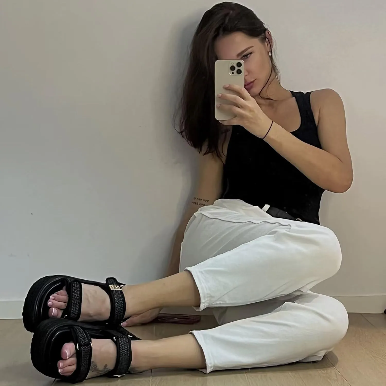vimitty Hand-Woven Raffia Platform Sandals Adjustable Buckle Strap Comfortable Summer Beach Open Toe Slingback Sandals for Women