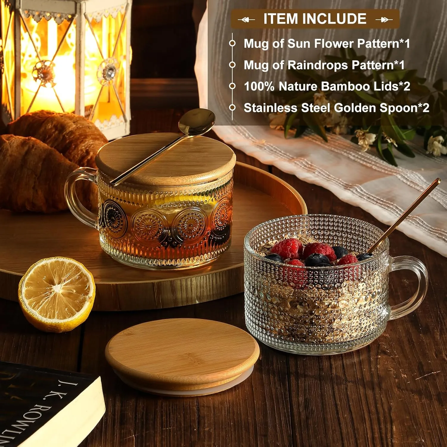 Vintage Coffee Mugs, Overnight Oats Containers with Bamboo Lids and Spoons - 14oz Clear Embossed Glass Cups, Cute Coffee Bar Accessories, Iced Coffee Glasses, Ideal for Cappuccino, Latte, 2 Pack