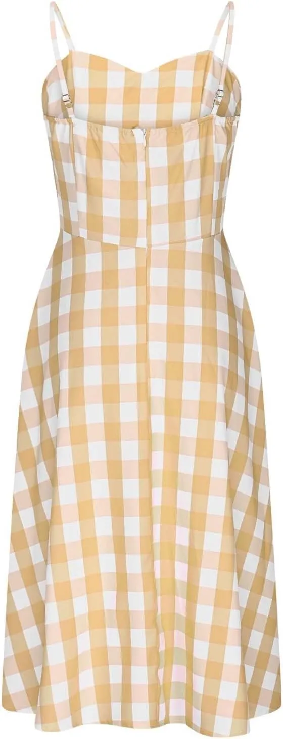 Vintage Plaid Prints Dresses for Women Sexy Straps A-Line Dress Square Neck Slimming Maxi Skirts Camp Court Wear