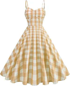 Vintage Plaid Prints Dresses for Women Sexy Straps A-Line Dress Square Neck Slimming Maxi Skirts Camp Court Wear