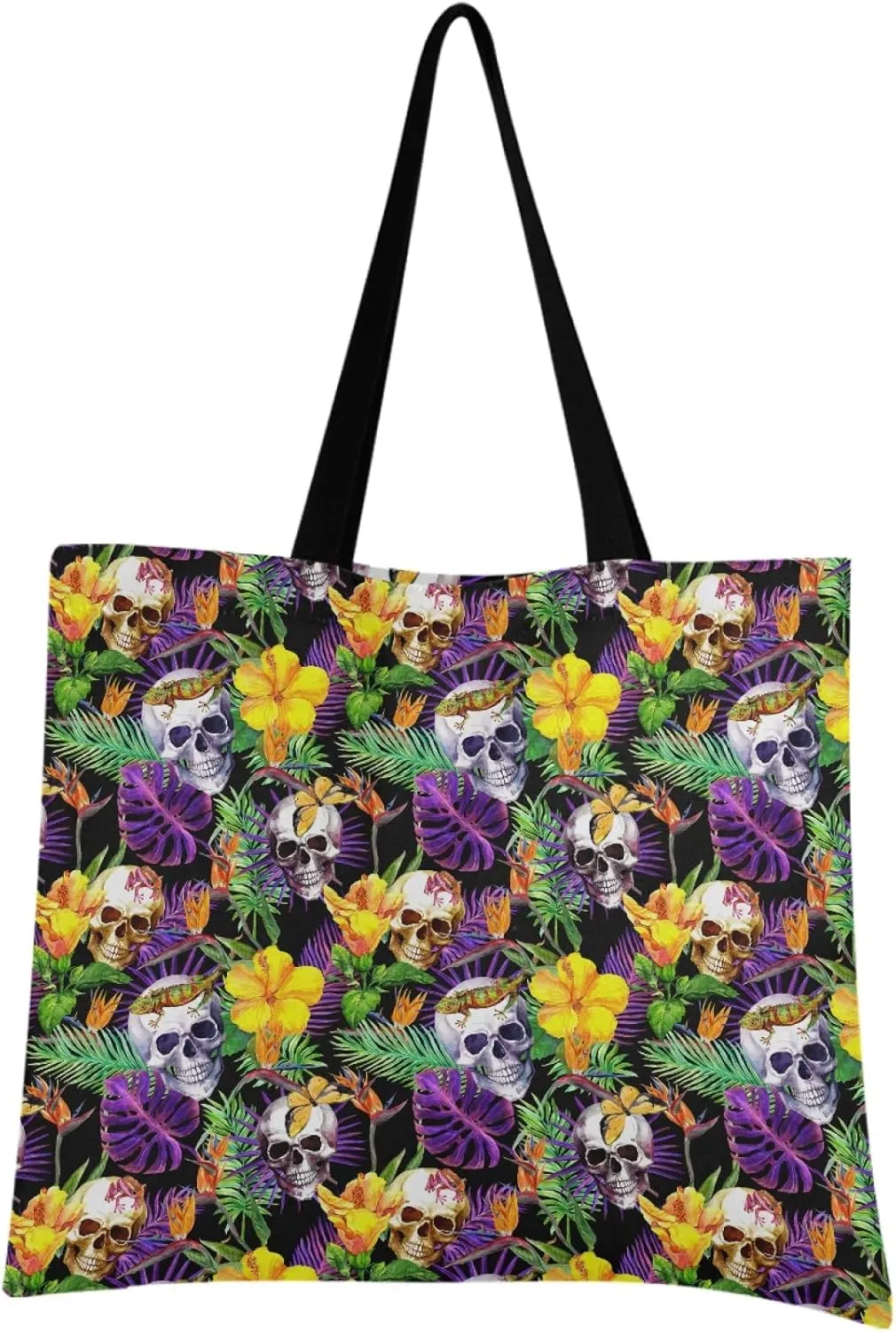 visesunny Women Extra Large Tote Bag Skull Tropical Exotic Flower Shoulder Bags Ladies Beach Travel Reusable Grocery Shopping Portable Storage Handbag
