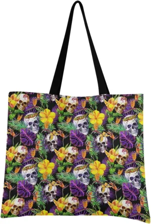 visesunny Women Extra Large Tote Bag Skull Tropical Exotic Flower Shoulder Bags Ladies Beach Travel Reusable Grocery Shopping Portable Storage Handbag