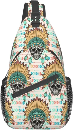 VOOHDDY Skull Indian Feather Tribal Sling Bag For Women Men Travel Hiking Backpack Crossbody Shoulder Chest Bags Casual Daypack Sport