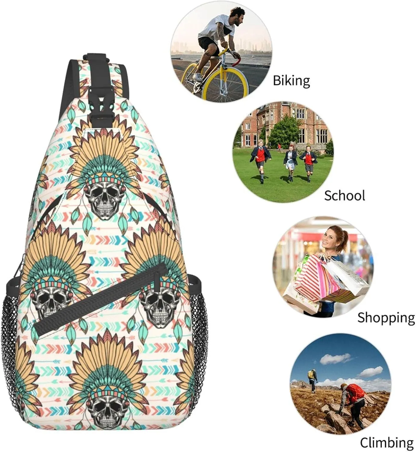 VOOHDDY Skull Indian Feather Tribal Sling Bag For Women Men Travel Hiking Backpack Crossbody Shoulder Chest Bags Casual Daypack Sport