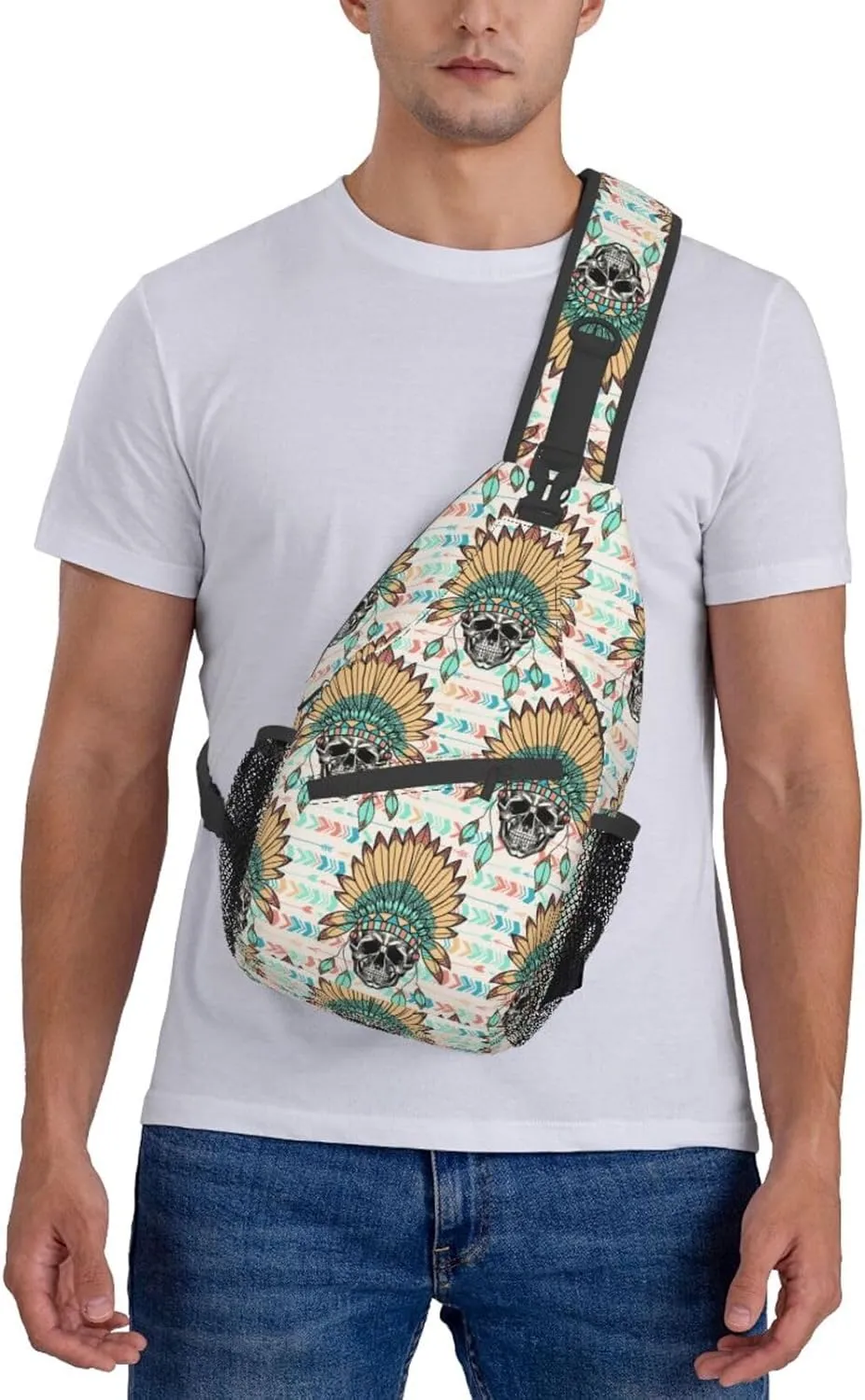 VOOHDDY Skull Indian Feather Tribal Sling Bag For Women Men Travel Hiking Backpack Crossbody Shoulder Chest Bags Casual Daypack Sport