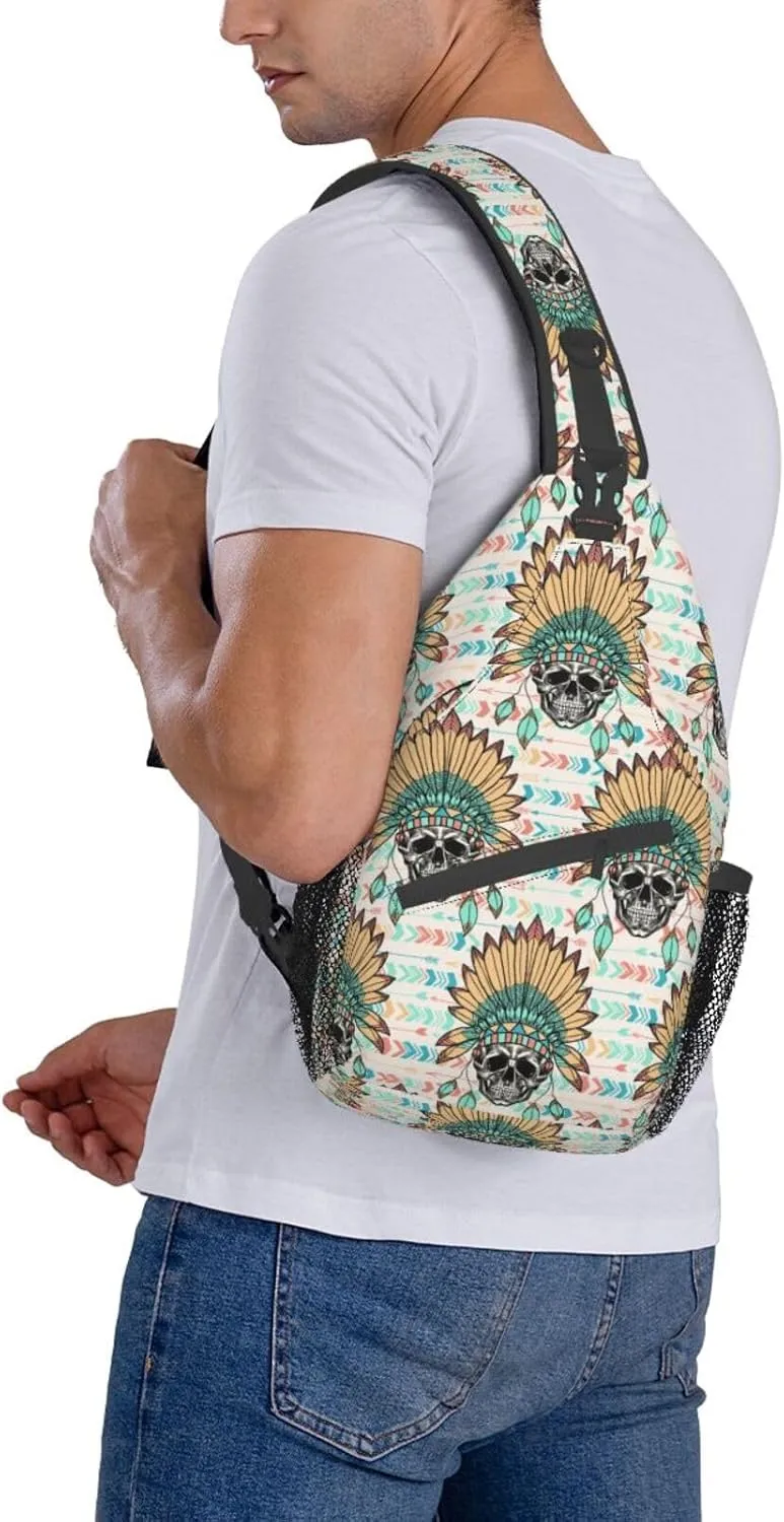 VOOHDDY Skull Indian Feather Tribal Sling Bag For Women Men Travel Hiking Backpack Crossbody Shoulder Chest Bags Casual Daypack Sport