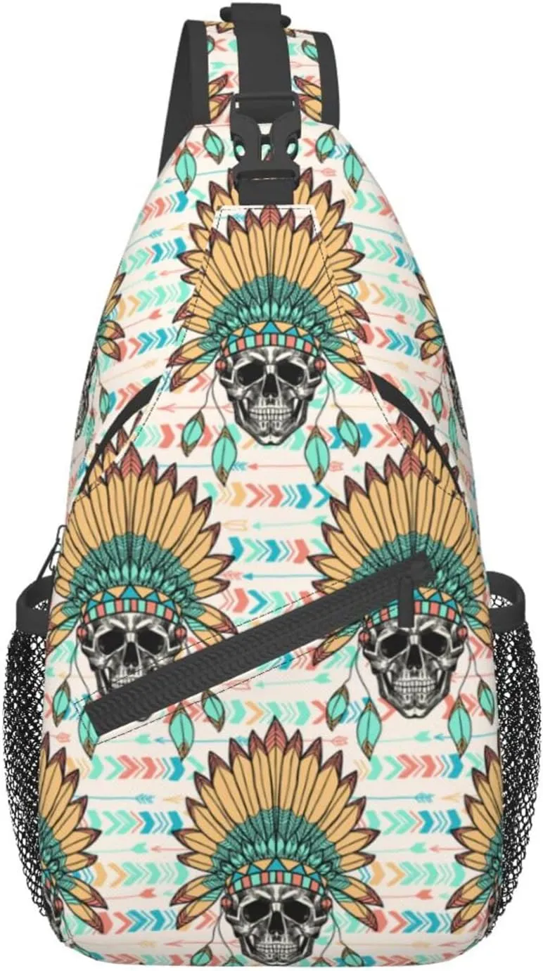 VOOHDDY Skull Indian Feather Tribal Sling Bag For Women Men Travel Hiking Backpack Crossbody Shoulder Chest Bags Casual Daypack Sport