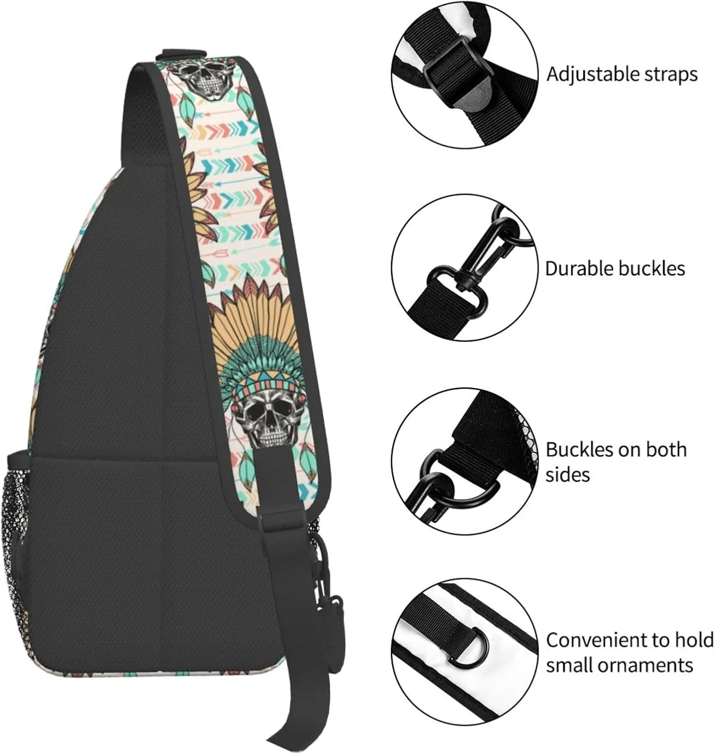 VOOHDDY Skull Indian Feather Tribal Sling Bag For Women Men Travel Hiking Backpack Crossbody Shoulder Chest Bags Casual Daypack Sport