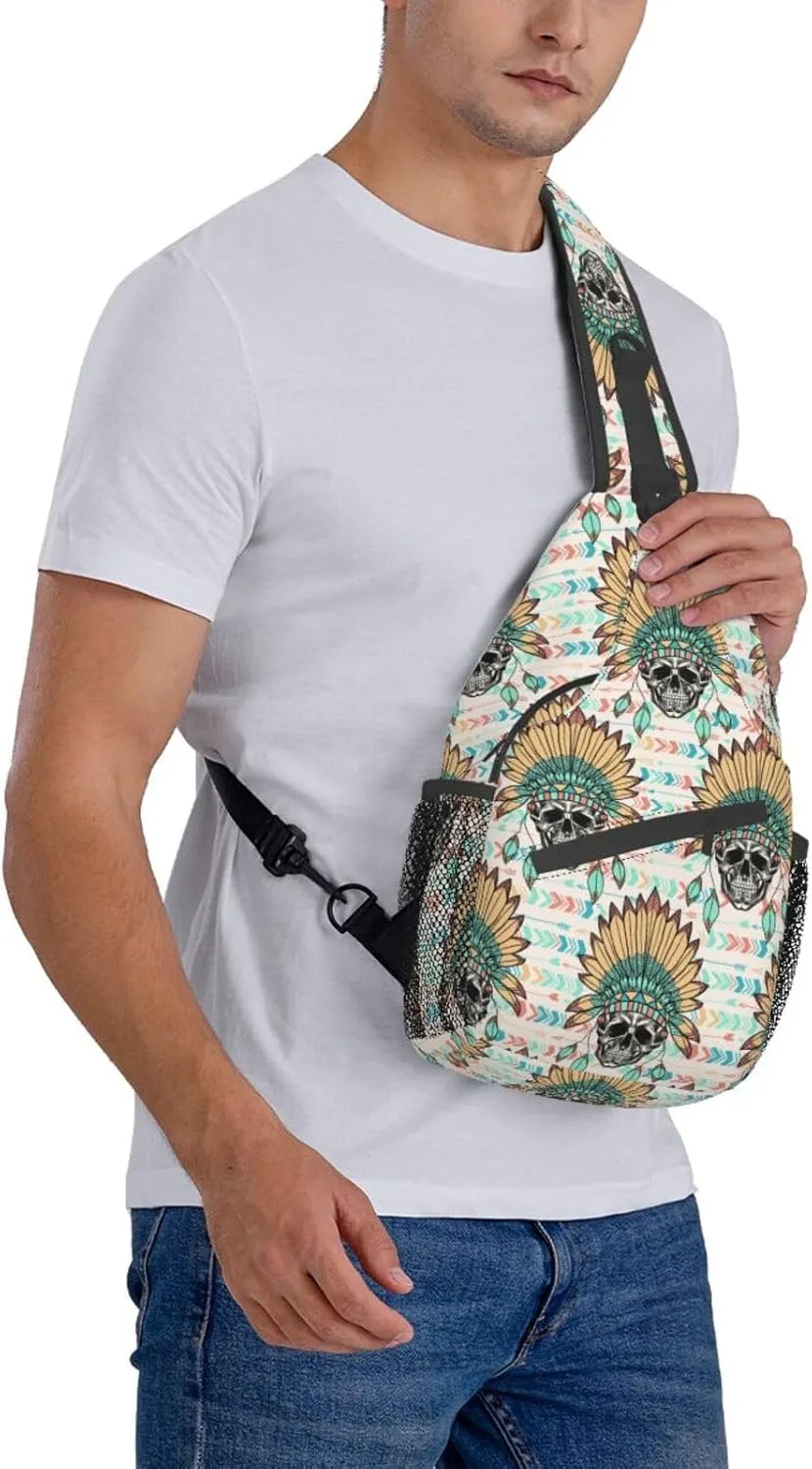 VOOHDDY Skull Indian Feather Tribal Sling Bag For Women Men Travel Hiking Backpack Crossbody Shoulder Chest Bags Casual Daypack Sport