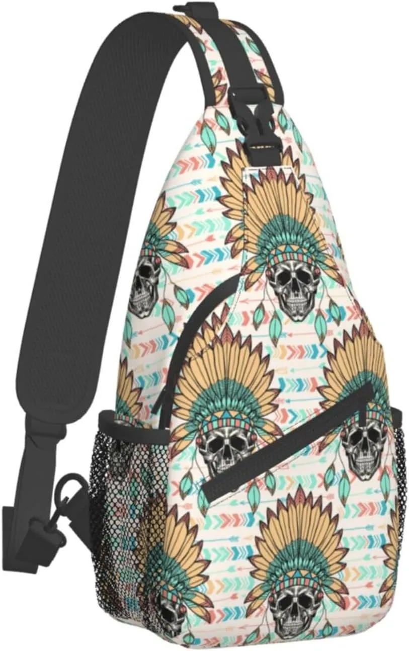 VOOHDDY Skull Indian Feather Tribal Sling Bag For Women Men Travel Hiking Backpack Crossbody Shoulder Chest Bags Casual Daypack Sport
