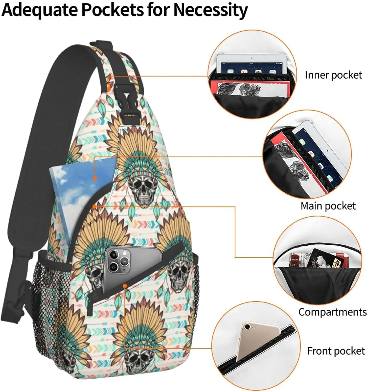 VOOHDDY Skull Indian Feather Tribal Sling Bag For Women Men Travel Hiking Backpack Crossbody Shoulder Chest Bags Casual Daypack Sport
