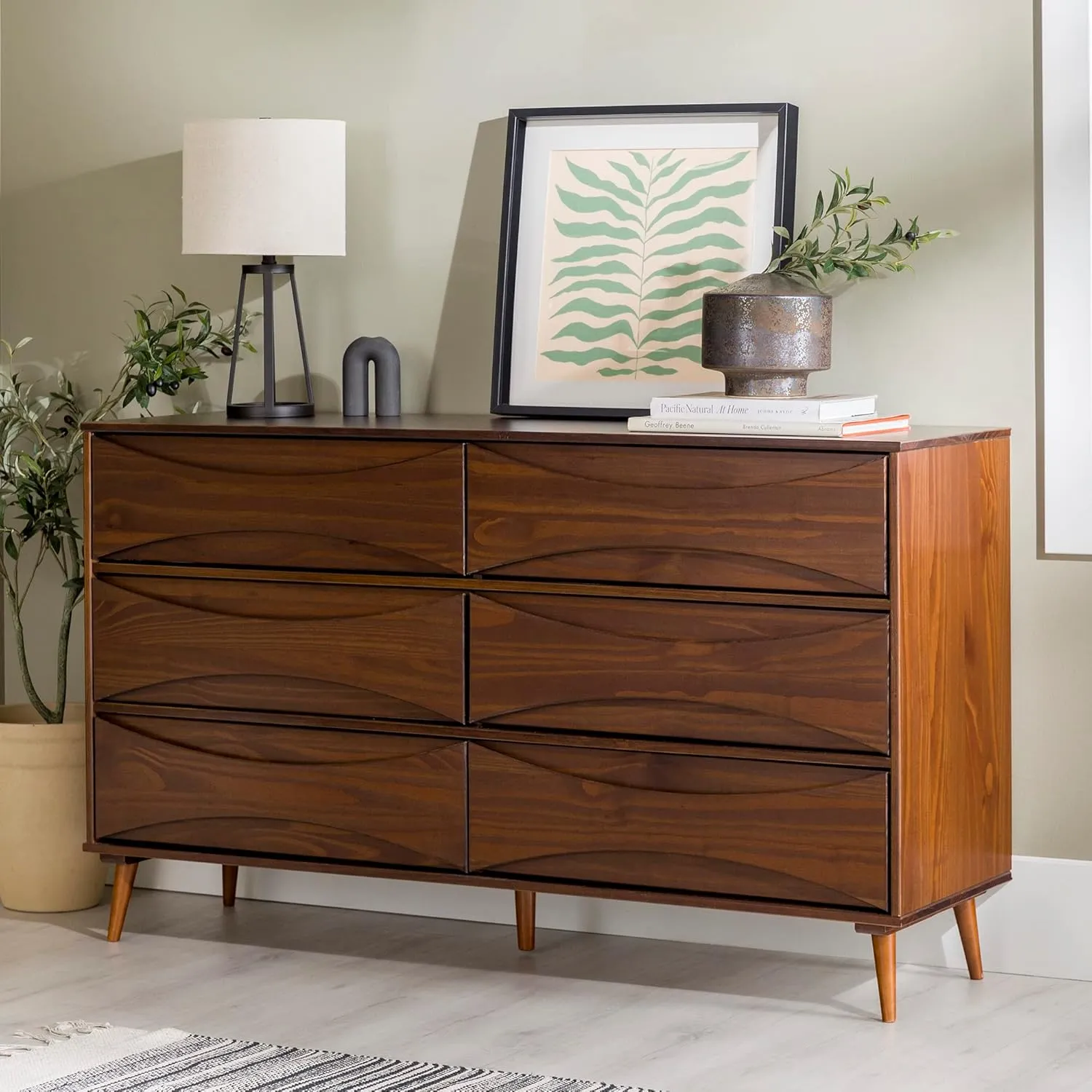 Walker Edison Atticus Mid-Century Modern Detailed 6-Drawer Solid Wood Dresser, 59 Inch, Walnut