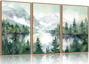 Watercolor Mountain Framed Canvas Wall Art Set, Boho Forest Wall Decor, Nature Green Pines Wall Painting, Forest Wilderness Artwork for Living Room, Bedroom, Dining Room, Office - 24"x36"x3