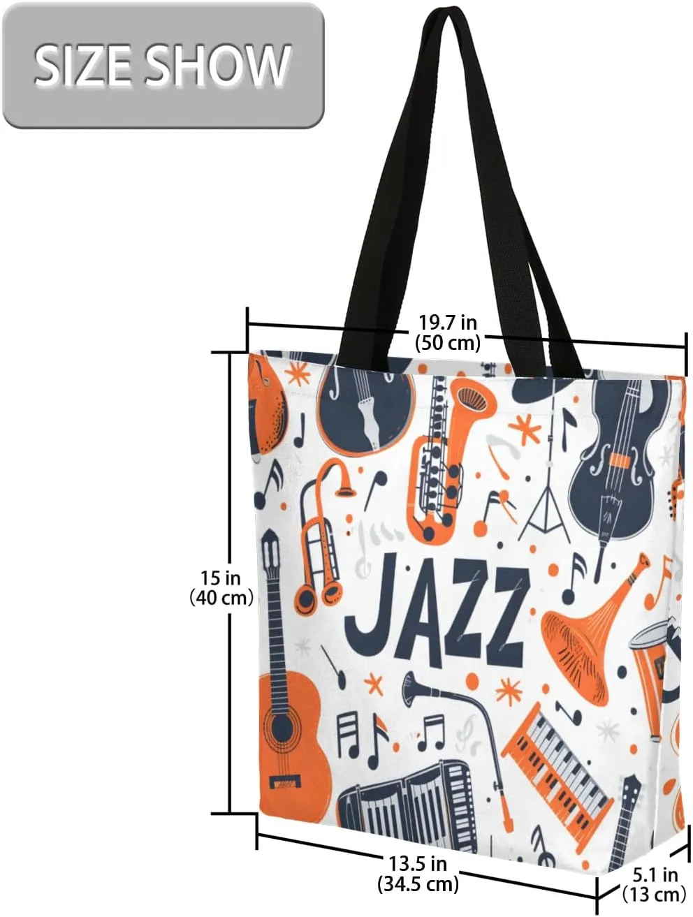 Watercolor Music Drum Feather Large Opening Canvas Tote Bag with Interior Pocket Woman Gifts