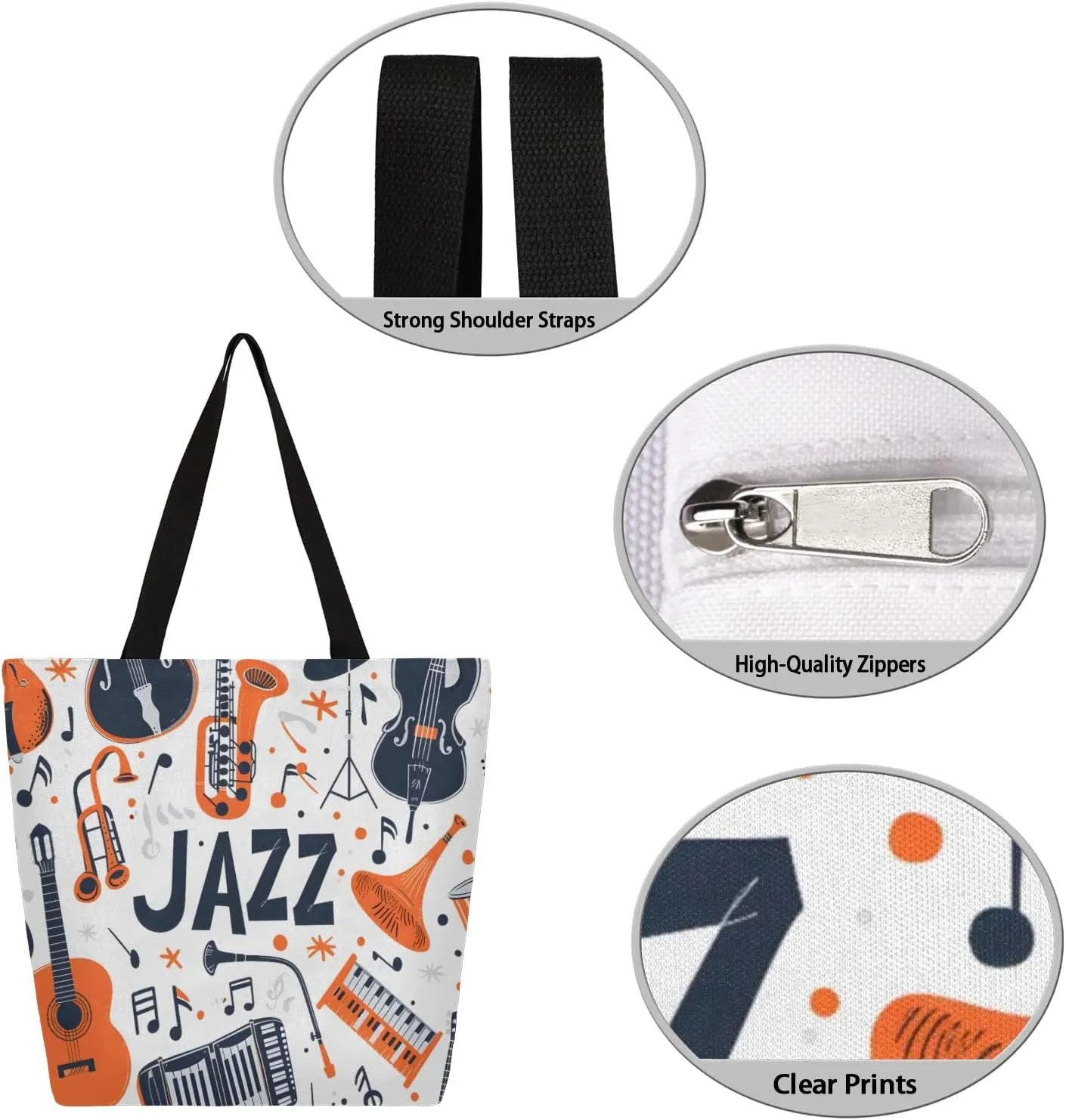 Watercolor Music Drum Feather Large Opening Canvas Tote Bag with Interior Pocket Woman Gifts