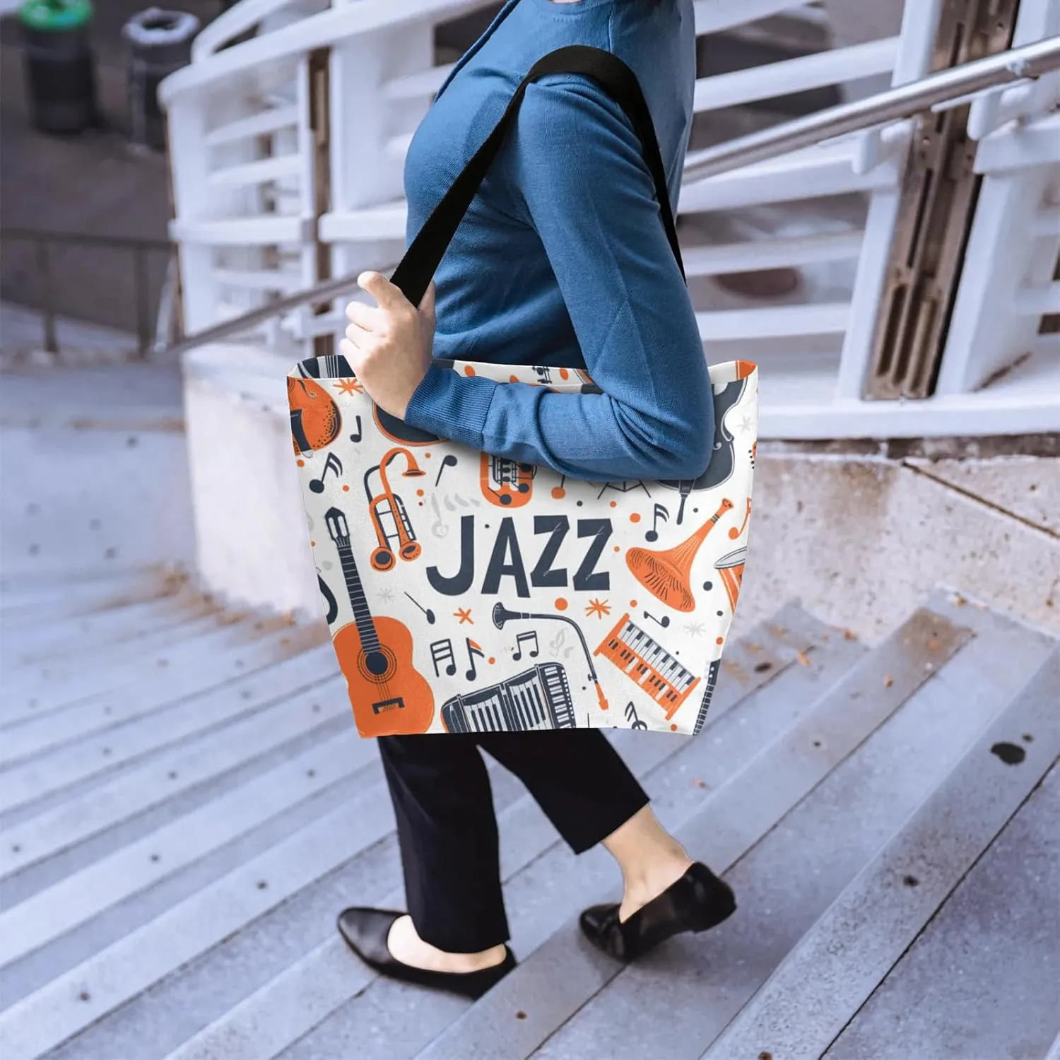 Watercolor Music Drum Feather Large Opening Canvas Tote Bag with Interior Pocket Woman Gifts