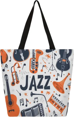 Watercolor Music Drum Feather Large Opening Canvas Tote Bag with Interior Pocket Woman Gifts