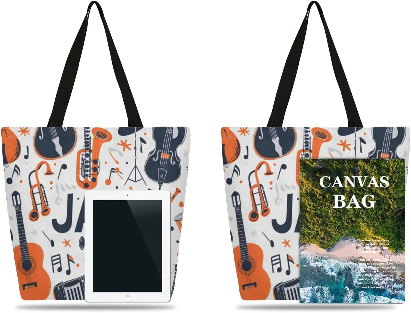 Watercolor Music Drum Feather Large Opening Canvas Tote Bag with Interior Pocket Woman Gifts