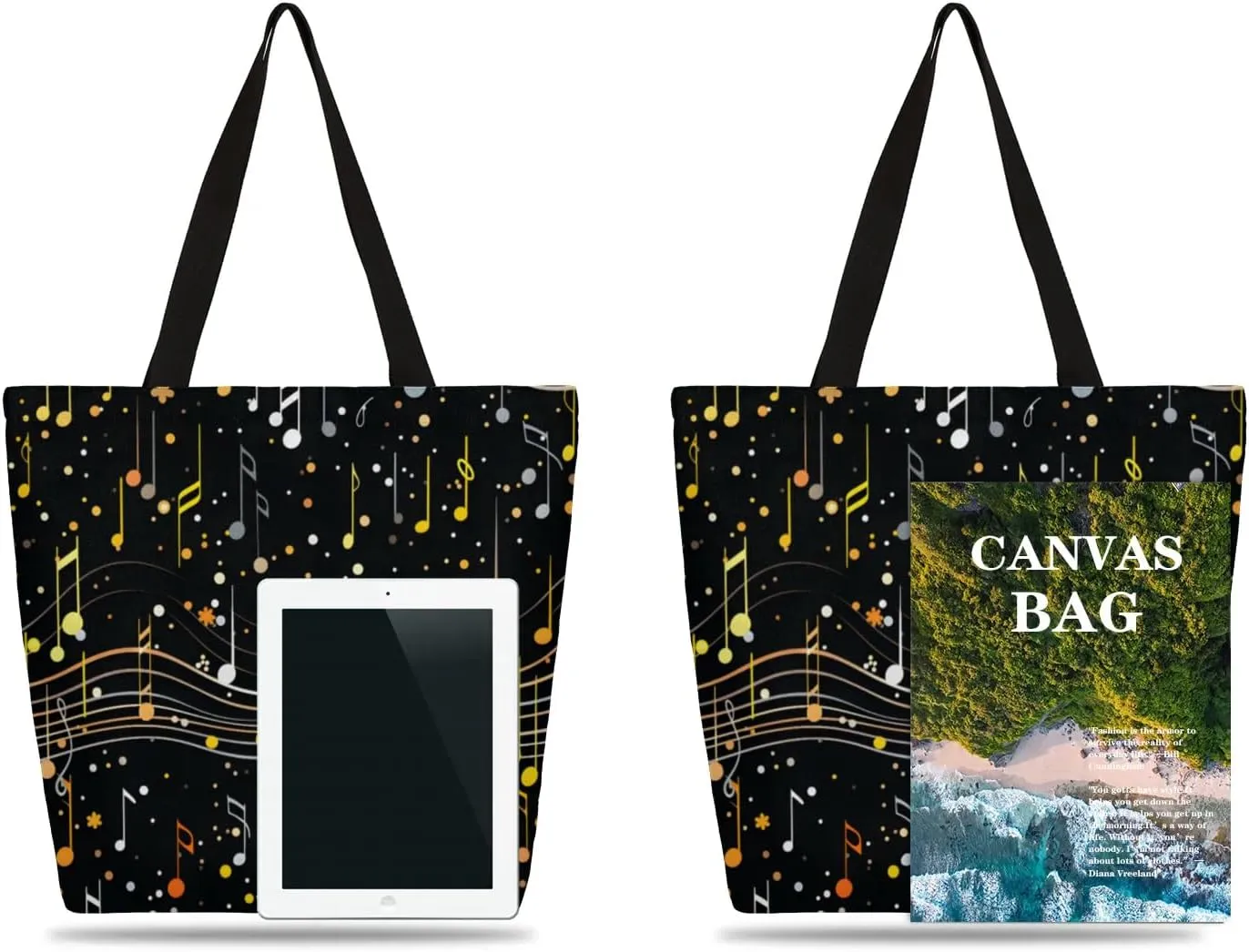 Watercolor Music Drum Feather Large Opening Canvas Tote Bag with Interior Pocket Woman Gifts