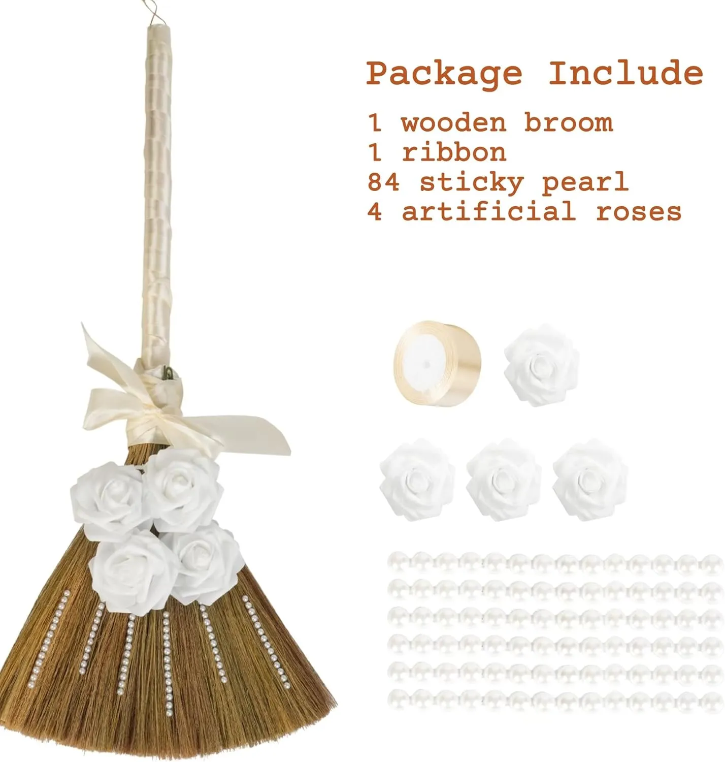 Wedding Broom for Jumping Ceremony, Decorative Broomstick DIY with Ribbons Artificial Roses & Sticky Pearl, African American Jumping The Broom for Wedding